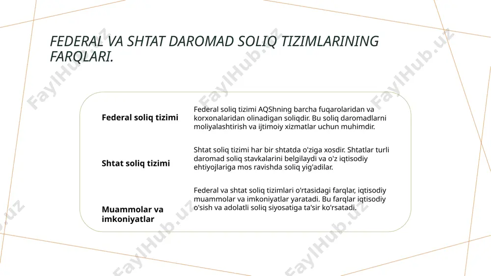 i yaratishga yordam beradi. 3 kambag'al qatlamlarga ta'sir soliq tizimi, kambag'al qatlamlarga yordam berish uchun mo'ljallangan. daromad soliqi progresiv bo'lib, yuqori daromadli shaxslardan ko'proq olinadi. 4 ijtimoiy dasturlarni moliyalashtirish soliqlar, ijtimoiy dasturlarni moliyalashtirishda muhim rol o'ynaydi. ta'lim, sog'liqni saqlash va ijtimoiy yordam dasturlari orqali tenglikka hissa qo'shadi. xulosa 01 aqsh soliq tizimining tuzilishi aqsh soliq tizimi federal va shtat daromad soliq tizimlaridan iborat bo'lib, ularning har biri o'ziga xos funksiyalarga ega. 02 soliq siyosatining ta'siri soliq siyosati iqtisodiy o'sishga, ijtimoiy adolatga va tenglikka ta'sir qiladi, bu esa davlat rivojlanishida muhim ahamiyatga ega. 03 kelajakda o'zgarishlar aqsh soliq tizimi va siyosatini yangilash zarurati mavjud, bu esa iqtisodiy barqarorlik va ijtimoiy tenglikni ta'minlashga yordam beradi. e'tiboringiz uchun rahmat!