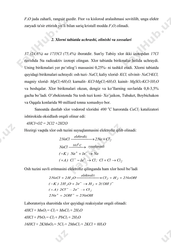 + 2hj = 2hcl + j 2 cl2 + 2kj = 2kcl + j 2 xlor suv bilan reaksiyaga kirishib, xlorid va gipoxlorit kislotalarni hosil qiladi: cl2 + h2o ↔ hcl+ hclo-25kdж 3. xlorning vodorodli va kislorodli birikmalari vodorod xlorid laboratoriya sharoitida osh tuziga konsentrlangan h2so4 ta'sir ettirib olinadi: nacl + h2so4 = hcl + nahso4 nahso4 + nacl = hcl + na2so4 sanoatda esa xlor va vodorod gazlarini yoqib olinadi: h2+cl2 =2hcl. vodorod xlorid o’tkir hidli rangsiz gazdir, havodan 1,3 marta og’ir, 00с da 1 hajm suvda 500 hajm vodorod xlorid erib, xlorid kislotani hosil qiladi. xlorid kislota rangsiz suyuqlik bo’lib, nam havoda tutaydi, konsentrlangan eritmasi 37% -li bo’lib, zichligi 1,19 g/ sm3ga tengdir. xlorid kislota kuchli kislota bo’lgani uchun metallar, asosli oksidlar, asoslar va ba'zi tuzlar hamda gazlar bilan reaksiyaga kirishib, xlorid kislota tuzlarini hosil qiladi. xlorid kislota tuzlari. xlorid kislota me'da shirasi tarkibida bo’lib, u ovqat hazm …