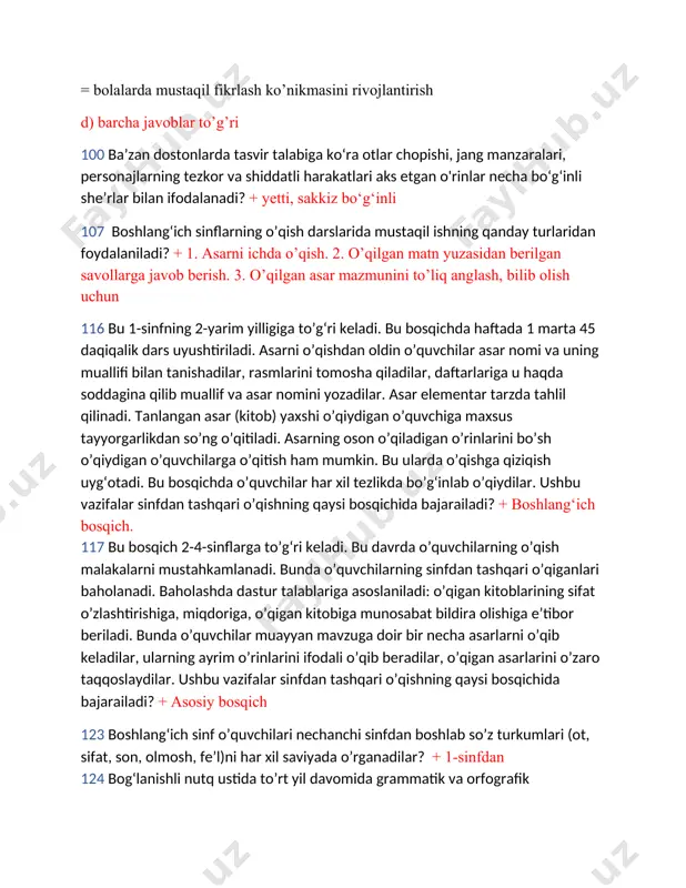 zlashtirishiga, miqdoriga, o’qigan kitobiga munosabat bildira olishiga e’tibor beriladi. bunda o’quvchilar muayyan mavzuga doir bir necha asarlarni o’qib keladilar, ularning ayrim o’rinlarini ifodali o’qib beradilar, o’qigan asarlarini o’zaro taqqoslaydilar. ushbu vazifalar sinfdan tashqari o’qishning qaysi bosqichida bajarailadi? + asosiy bosqich 123 boshlang‘ich sinf o’quvchilari nechanchi sinfdan boshlab so’z turkumlari (ot, sifat, son, olmosh, fe’l)ni har xil saviyada o’rganadilar? + 1-sinfdan 124 bog‘lanishli nutq ustida to’rt yil davomida grammatik va orfografik materiallarni o’rganish bilan bog‘liq holda reja asosida ish olib boriladi. + to’rt yil davomida 129 boshlang‘ich sinflarda ona tilini o’qitishda keng qo’llaniladigan va shu bosqich o’quvchilari tabiatiga mos metod sanaladi. bu metod savol-javob metodi deb ham yuritilgan. o’qituvchidan mavzuning xususiyatini o’zida aks ettirgan o’quv materialini topishni, grammatik mavzuning muhim belgilarini aniqlash, ularning o’xshash va farqli jihatlarini ajratish, o’xshash va farqli jihatlariga qarab guruhlash, umumlashtirishga, xulosa chiqarishga yo’naltirilgan savollar tuzishni, ularni o’quvchilarga izchil berib borishni talab etadi. ushbu metod qanday nomlanadi? …