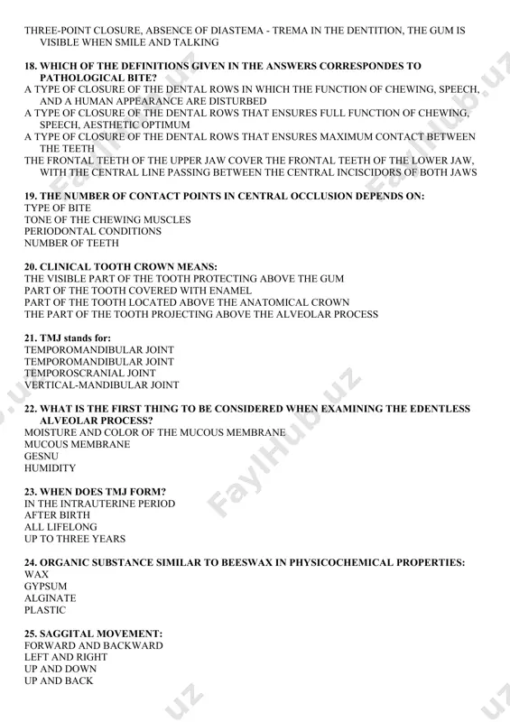 cochemical properties: wax gypsum alginate plastic 25. saggital movement: forward and backward left and right up and down up and back 26. what movements of the lower jaw can be reproduced in sorokin articulators? all movements vertical only vertical and saggital rotary 27. which teeth are considered frontal? all answers are correct incisors fangs incisors and fangs 28. what samples are used to assess the quality of instrument cleaning? all answers are correct amidopyrine azopyramic phenolphthalein 29. artificial crowns are prepared by the method: all of the one listed stampings, castings polymerization annealing in special furnaces 30. the essence of the concept of "articulation" - all possible provisions of the n./p.: all possible positions and movements of the lower foot in relation to the upper foot, carried out by means of the mastication muscles closure of the dental arches as a whole or of individual groups of teeth over a …