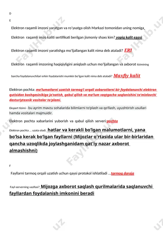 qilish va maʼlum vaqtgacha saqlanishini taʼminlovchi dasturiytexnik vositalar toʻplami. ekspert tizimi - bu ayrim mavzu sohalarida bilimlarni to‘plash va qo‘llash, uyushtirish usullari hamda vositalari majmuidir. elektron pochta xabarlarini yuborish va qabul qilish serveri:pochta elektron pochta ... uzata oladi. hatlar va kerakli bo’lgan malumotlarni, yana bo’lsa kerak bo’lgan fayllarni (mijozlar o'rtasida ular bir-birlaridan qancha uzoqlikda joylashganidam qat'iy nazar axborot almashishni) f fayllarni tarmoq orqali uzatish uchun qaysi protokol ishlatiladi ...tarmoq daraja fayl-serverning vazifasi? mijozga axborot saqlash qurilmalarida saqlanuvchi fayllardan foydalanish imkonini beradi file server - xaqida nimalarni bilasiz? filetrаnsfеr prоtоcоl- это выделенный компьютер всети, предназначенный для хранения файлов foydalanuvchining login va parollari, mahfiy ma`lumotlaridan foydalanish maqsadidagi internet-firibgarlik qanday nomlanadi? fishing foydalanuvchi ish joyida bo‘lmagan paytda uning kompьyuterini himoyalash mumkin bo‘lgan usulni ko‘rsating: ekran zastavkasi yordamida g global tarmoq ... bu shaxsiy kompyuterlar va ularni o’zaro bog’lovchi lokal tarmoqlardir. google docs xizmati bu ...internetda elektron hunjat global tarmoqqa ulanish uchun qanday qurilmalar …