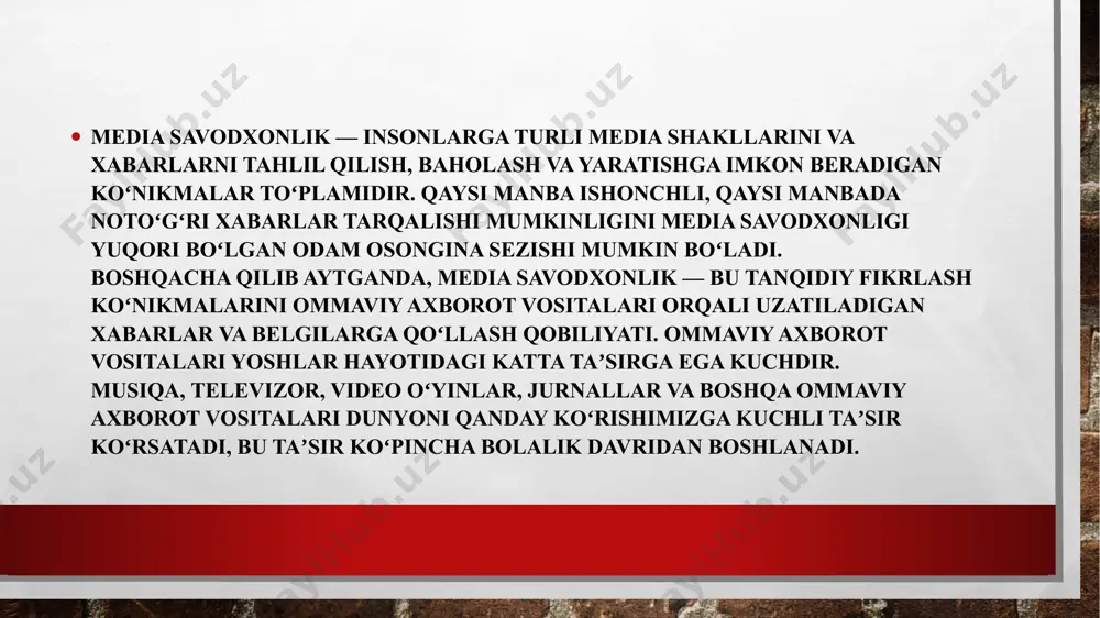 kllantirishda yordam beradi. media savodxonlikni oʻrganadigan eng qadimgi tashkilot bu national telemedia council (milliy telemedia kengashi) viskonsin shtatining madison shahrida joylashgan va marieli rou 50 yildan ortiq rahbarlik qilgan. tashkilot dastlab „telemedium“ deb nomlanuvchi media savodxonlik jurnalini nashr ettirgan e’tiboringiz uchun rahmat image3.jpg image4.jpeg image5.jpeg /docprops/thumbnail.jpeg