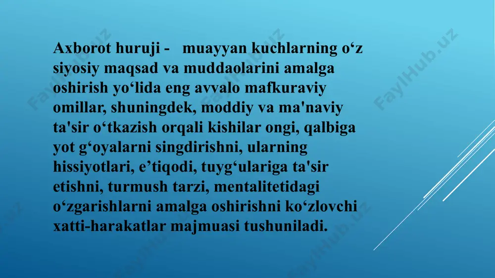 astlab “ozod evropa/”ozodlik” radiosi nomi bilan sosialistik davlatlarga qarshi kurash uchun aqsh davlat departamenti va markaziy razvedka boshqarmasi tomonidan tashkil etilgan ko`p sonli tuzilmalardan biri bo`lgan. 1951 yilda tashkilot siyosiy maslahatchisi o. djekson radiostansiya xodimlariga qarata “bu (radio) psixologik urush xizmati. bizning tashkilot biz eshittirish olib borayotgan mamlakatlarda ichki tartibsizliklarni keltirib chiqarish uchun tashkil qilingan” degan edi. radiostansiya dastlabki yillarda markaziy razvedka boshqarmasi, 1972 yildan esa aqsh kongressi tomonidan moliyalashtiriladi.1953 yilda radio o`zbek tilida, 1960 yildan qoraqalpoq tilida ham eshittirish berib kelmoqda. yuqoridagilar radioning axborot urushi olib borish bo`yicha uzoq yillik tajribaga ega ekanligini ko`rsatadi. internet buzg‘unchilar makoniga aylanishining asosiy sabablari internetning tartibga solinmagani internetdagi faoliyatning maxfiyligi matn, tasvir va ovoz uyg‘unligidagi axborotni joylash kabi qulayliklar internetga kirish osonligi cheksiz auditoriya ma’lumotlarni yetkazish tezkorligi axborot xurujlarga qarshi kurashda quyidagilar muhim: 1. axborot makonini mamlakatimizda amalga oshirilayotgan islohotlar, o`zgarishlar, aholining qiziqishi yuqori bo`lgan masalalar haqidagi ob`ektiv va pozitiv axborot bilan doimiy …