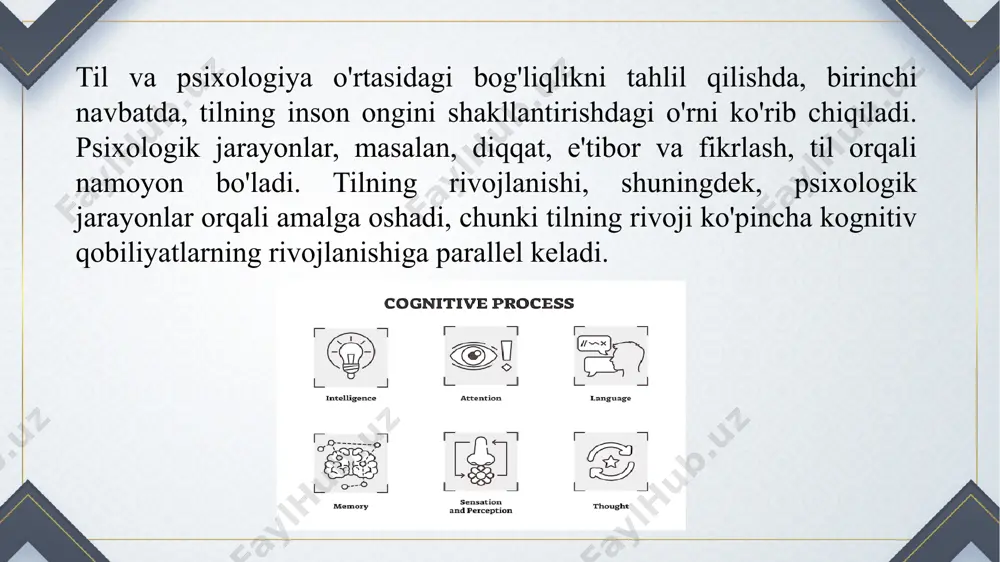 verbal loop"dan foydalanishni taklif qiladi. eslatmalar va o'ziga xos tasavvurlar: xotiradagi ma'lumotlar til yordamida kodlanadi, bu esa odamlarning o'ziga xos tasavvurlarini va eslab qolish jarayonlarini yaxshilaydi. misol uchun, til orqali biz o'z xotiramizda tasavvurlarni yarata olamiz. til va diqqat: diqqatning tilga ta'siri haqida psixologik tadqiqotlar ko'plab yondashuvlarni taqdim etadi. til nafaqat e'tiborini yo'naltirishga yordam beradi, balki ongli e'tiborni shakllantirishda ham muhim rol o'ynaydi: e'tibor va til o'rtasidagi bog'liqlik: e'tibor, ma'lum bir predmetga yoki faoliyatga diqqatni jamlashni anglatadi. til orqali odamlar o'z e'tiborini yo'naltirishi mumkin. masalan, til orqali, odamlar biror narsaga diqqatni qaratishadi va bu jarayon kognitiv resurslarni samarali taqsimlashga yordam beradi. o'rganish va diqqat: til o'rganish jarayonida diqqatni boshqarish va unga ta'sir ko'rsatish vositasi sifatida ishlaydi. masalan, bolalar tilni o'rgangan sari, e'tiborlarini uzoq muddat davomida biror faoliyatga jamlashni o'rganadilar. ijtimoiy aloqalar va til: ijtimoiy aloqalar va til o'rtasidagi bog'liqlik, ayniqsa ixtiyoriy muloqot va o'zaro ta'sir jarayonlarida aniqlanadi. til nafaqat individual …