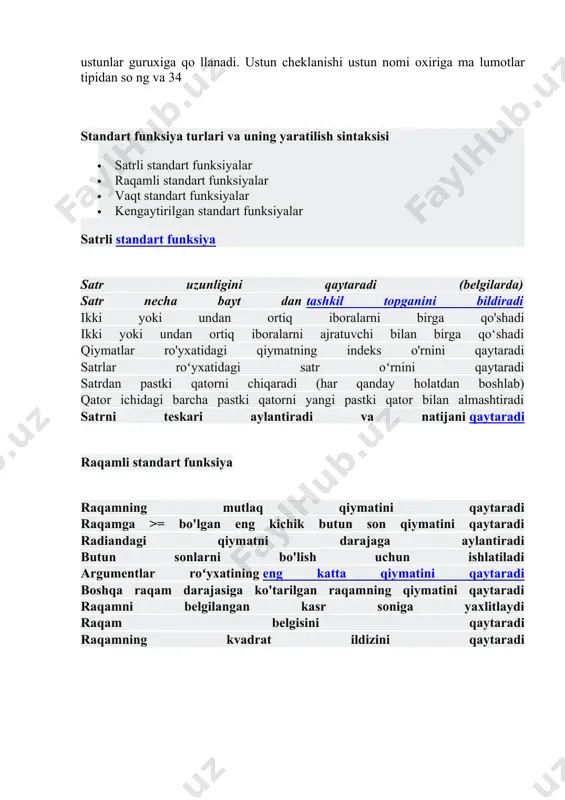 xatidagi satr oʻrnini qaytaradi satrdan pastki qatorni chiqaradi (har qanday holatdan boshlab) qator ichidagi barcha pastki qatorni yangi pastki qator bilan almashtiradi satrni teskari aylantiradi va natijani qaytaradi raqamli standart funksiya raqamning mutlaq qiymatini qaytaradi raqamga >= bo'lgan eng kichik butun son qiymatini qaytaradi radiandagi qiymatni darajaga aylantiradi butun sonlarni bo'lish uchun ishlatiladi argumentlar roʻyxatining eng katta qiymatini qaytaradi boshqa raqam darajasiga ko'tarilgan raqamning qiymatini qaytaradi raqamni belgilangan kasr soniga yaxlitlaydi raqam belgisini qaytaradi raqamning kvadrat ildizini qaytaradi ql(structured query language) haqida sql(structured query language) – bu so'rov tili ko'p operatorlardan tashkil topgan bo'lib, bu operatorlar orqali foydalanuvchilar va dasturlar oracle(mbbt) dagi ma'lumotlar bazasiga murojaatni amalga oshirishi mumkin. oracle utililari yoki har xil dasturlar sql operatorlarisiz bazaga murojaatni amalga oshirishi mumkin, lekin so'rovlarni amalga oshirishda bu so'rov tilidan foydalanmaslikning iloji yo'q. 1970 yil iyun oyida e. f. kodd o'zining e.f. codd, "a relational model of data for large shared data …