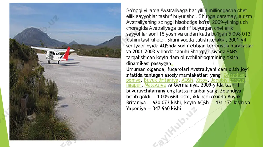 g qumli plyajlari shaharning sayyohlik infratuzilmasiga ko'plab mehmonxonalar, dam olish uylari, plyajlar, kafelar va restoranlar kiradi. maxsus istirohat bog'lari va attraksionlar qurildi, turli ekskursiyalar va ko'ngilochar sayohatlar taklif etiladi. katta toʻsiq rifi shoshiling va imkoningiz bor ekan, buyuk to'siq rifini butun ulug'vorligi bilan ko'ring. iqlim o'zgarishi kvinslend qirg'oqlarining 2000 kilometrdan ko'proq masofasini qamrab olgan marjon rifining bu ajoyib qismining rangini oqartirmoqda. cairns - bu reef magic cruises kabi eko-sertifikatlangan sayyohlik operatori bilan yuneskoning jahon merosi ro'yxatiga kiritilgan diqqatga sazovor joylarni o'rganish uchun eng yaxshi maydonchadir. uluru-kata tjuta milliy bog'i bu mamont qumtoshi monolit avstraliya qit'asining ramziy yuragi, shuningdek, mahalliy mahalliy aholi uchun ulkan madaniy ahamiyatga ega bo'lgan milliy bog'ning o'ziga xos xususiyati - uluru markaziy avstraliyaning anangu xalqi uchun muqaddas joy. shimoliy hududda kashf qilish uchun ko'proq ochiq havo bor, xususan, kakadu milliy bog'i va darvin yaqinidagi arnhem erlari shimolda. akulalar bilan suzish janubiy avstraliya er yuzidagi juda kam sonli …