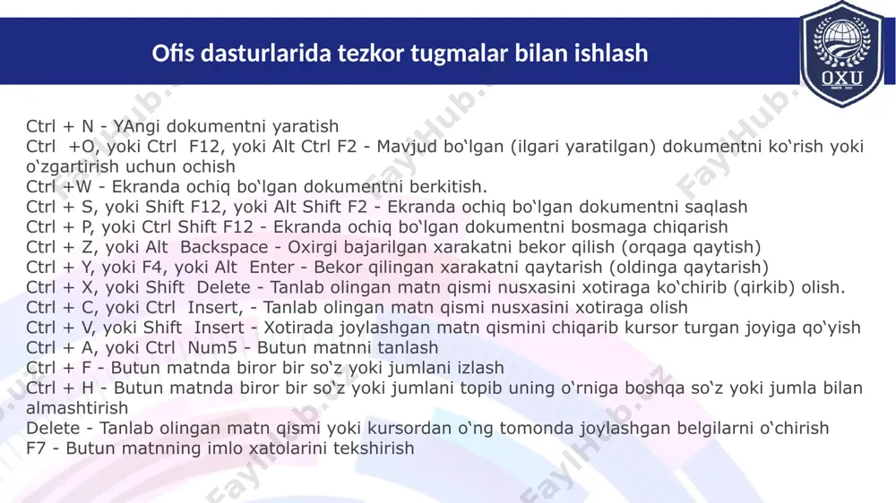 rririning keng imkoniyatlaridan foydalanish. uskunalar paneli standart va formatlash uskunalar paneliga bo‘lingan. abzaslarni belgilashdan avval matnning kerakli qismi belgilanishi shart. “abzas” muloqotli oynasi yordamida formatlash. abzas muloqotli oynasini ishga tushirish uchun quyidagi buyruqlar ketmaketligini tanlash kerak bo‘ladi: format—abzas. muloqotli oynaning ‘otstupo’ i intervalo’« (chekinishlar va oraliq-lar) nomli sahifasida abzasning joylashish o‘rni, abzas boshidagi bo‘sh joy va intervallarn i o‘zgartirish mumkin. ushbu muloqotli oynaning ‘interval» (oraliq) deb nomlanuvchi bandi orqali biz satrlararo intervallarning quyidagi turlarini tanlashimiz mumkin: bir o‘lchamli, ikki o‘lchamli, bir yarim o‘lchamli, minimum, aniq ko‘rsatilgan kattalikda. microsoft word matn muharririning keng imkoniyatlaridan foydalanish. sahifa maydonining parametrlari “fayl” menyusidan o‘rin olgan ‘parametro‘ stranitso‘« (sahifa parametrlari) buyrug‘ini tanlash lozim, so‘ngra maxsus muloqotli oyna hosil qilinadi. ochilgan muloqotli oyna 3 ta sahifadan iborat. polya (maydon) 1) polya (maydon) 2) razmer bumagi (qog‘oz o‘lchami) 3) istochnik bumagi oynaning ‘polya» (maydon) sahifasi tanlanaladi. bu sahifa orqali ‘polya» (maydon) deb nomlanuvchi sahifasidan matnni qog‘ozga chiqarishdan …