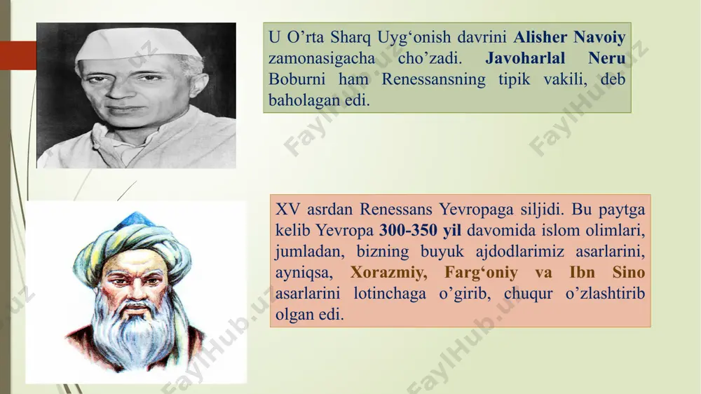 uqobila”, ibn rushd, abu bakr roziy asarlari tarjima qilinib, keyinchalik nashr etilgan. algebra, algoritm fanlari xorazmiy asarlari tufayli shakllangan. “tib qonunlari” 7 asr mobaynida yevropa untiversitetlarida tibbiyot darsligi sifatida xizmat qildi. ibn sino shogirdi ibn rushd g'oyalari italiya, frantsiya hurfikrligini boshlab bergan. ibn sino – avitsenna, ibn rushd – averroes, ahmad farg'oniy – al frageni, abu bakr roziy – al ramzats, abu ma’shar balxiy – albumazar degan lotincha nomlar ostida mashhur bo’lgan platon, aristotel asarlari ham yevropaga dastlab arabcha tarjima va talqinlar orqali kirib borgan. “sharqliklar g'arbni aristotel falsafasi bilan yoritdilar” (gegel). aniq fanlar va ularni o’rganish usullarini, dehqonchilik va chorvachilik ilmlari, dengizda suzish, harbiy texnikani yevropa sharqdan olib rivojlantirdi. “matematika, kimyo, tibbiyot sohasida musulmonlarning xizmati buyuk... bu fanlarda musulmonlar yevropaning muallimlari bo’lib qoldilar” (g. gerder). yevropa uyg'onish davri adiblari dante, petrarka, bokkacho sharq ilm-fani, adabiy asarlaridan ilhomlanganlar. dante “bazm”, “ilohiy komediya” asarlarida ibn sino va ibn rushdni o’z ustozlari …