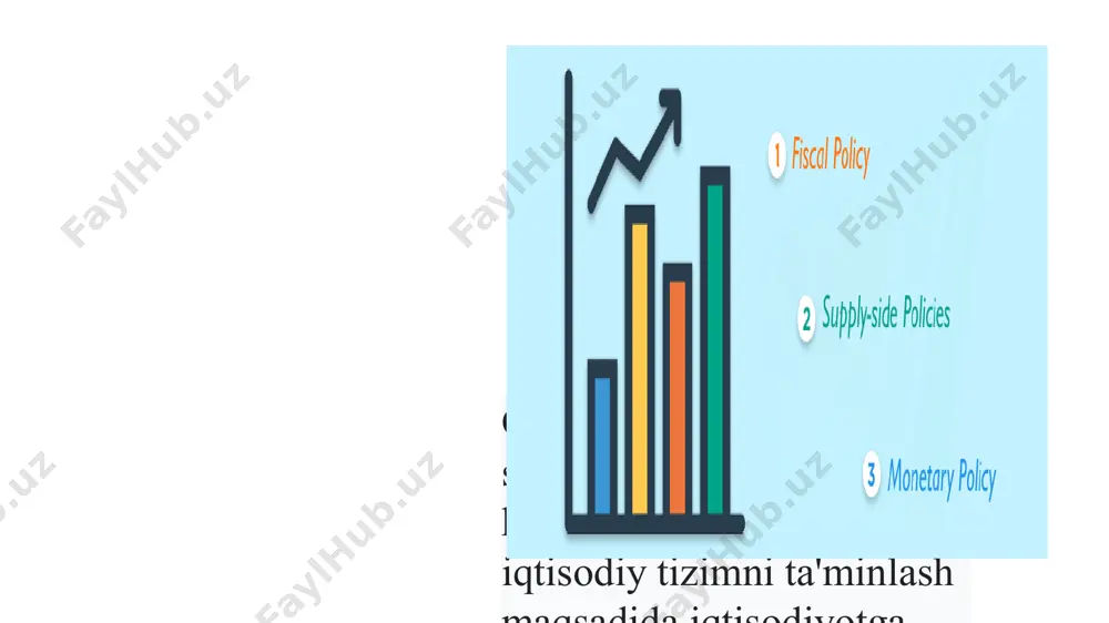 oldindan aytib bo'lmaydi va tartibsiz bo'ladi. shuningdek, davr, chastota va hajm jihatidan har xil biznes tsikllari mavjud. umuman olganda, iqtisodiyotning bunday beqaror xatti -harakati yalpi talab va taklif, umumiy xarajatlar va ishlab chiqarish hajmlari o'rtasidagi doimiy nomutanosiblik bilan izohlanadi biznes tsikllari nazariyasi amerikalik iqtisodchi uilyam nordxaus tufayli mashhurlikka erishdi. robert lukas, norvegiyalik iqtisodchi finn kudland va amerikalik edvard preskott kabi odamlar biznes tsikllari nazariyasining rivojlanishiga katta hissa qo'shdilar. qoida tariqasida, davlat siyosati ma'lum bir mamlakat iqtisodiyotining holatiga, ya'ni mamlakat tsiklning qaysi bosqichiga bog'liq: cho’qqi yoki retsessiyaga bog'liq. agar mamlakat tanazzulga yuz tutsa, hokimiyat mamlakatni past rivojlanishdan chiqarish uchun rag'batlantiruvchi iqtisodiy siyosat olib bormoqda. agar mamlakatda yuksalish kuzatilsa, hukumat mamlakatda yuqori inflyatsiya darajasini oldini olish maqsadida cheklovchi iqtisodiy siyosat yuritadi rag’batlantiruvchi va cheklovchi fiscal siyosat rag’batlantiruvchi cheklovchi -davlat tovarlar va xizmatlarni sotib olish hajmini oshiradi;(g) -soliqlarni kamaytiradi;(tx) -transferlarni oshiradi;(tr) iqtisodiy faoliyatni rag’batlantirib, yim ko’paytiradi va ishsizlikni kamaytiradi hukumat qisqa muddatli "iqtisodiyotning …