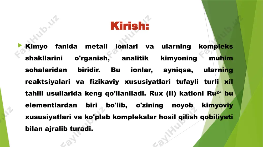 t analizida birikmalar yoki moddalarning tarkibini aniqlash uchun ishlatiladigan klassik va keng tarqalgan usullardan biridir. ushbu metod, asosan, kislotalar va asoslarning bir-biriga nisbatan reaksiyalariga asoslanadi, ya'ni proton (h⁺) yoki gidroksid (oh⁻) ionlarining o'zaro ta'siri orqali. kislota-asisli titrlash bu metodning eng mashhur usulidir.kislota-asosli metodda sifat analizining asosiy asoslari: kislota va asoslarning reaksiyasi: kislotalar (proton beruvchilar) va asoslar (proton qabul qiluvchilar) o'rtasidagi reaktsiya quyidagicha bo'ladi: kislota+asos→tuz+suv zn²⁺ (rux) ionlari bu metodda aniqlanishi mumkin bo‘lgan ionlardan biridir. sink ionlari kislota-asosli metod yordamida quyidagi usullar bilan tahlil qilinadi.zn²+(rux) ionlarini kislota-asosli metod bo‘yicha sifat tahlil qilish: (zn²⁺) ionlarini aniqlash uchun kislota-asosli metodda quyidagi asosiy reaksiyalar va reaktivlar qo‘llaniladi:1. natriy gidroksidi (naoh) qo‘shish:zn²⁺ (rux ii) ionlari, naoh (natriy gidroksidi) eritmasi bilan reaktsiyaga kirishib, zn(oh)₂ (sink gidroksidi) hosil qiladi. bu moddadan keyin ko‘rish mumkin bo‘lgan cho‘kma, sink ionlarining mavjudligini ko‘rsatadi.agar ortiqcha naoh qo‘shilsa, zn(oh)₂ gidroksidi eriydi va [zn(oh)₄]²⁻ kompleksini hosil qiladi. bu reaksiyalar quyidagicha amalga oshadi: zn2+ …