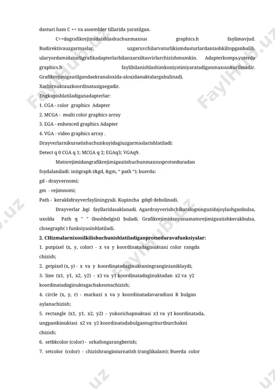 lida kompyuterning fizik qurilmalaridan to'liq foydaladish imkoniyati bor yana bu tilda yaratilgan kod assembler ya'ni mashina kodiga judayam yaqin turadi. shu sababli hozirda er yuzida yaratilyotgan dasturiy vositalar, kompyuter o'yinlarining deyarli 90 % c ++ tiliga asoslanib yaratiladi. bunga bir necha misol keltirishimiz mumkin: microsof windows, adobe photoshop, warcraft iii, microsoft officce, macromedia flash, corel draw, half life 2 va hokozo. umuman qisqacha qilib aytganda agar siz dasturlash tili bilan professional shug'ullanib dunyoga foyda keltiruvchi dastular yaratmoqchi bo'lsangiz shubhasiz c ++ tilini tanlaganingiz ma'qul. shunisi qiziqki, borland delphi dasturi ham c ++ va assembler tillarida yaratilgan. c++dagrafikrejimidaishlashuchunmaxsus graphics.h faylimavjud. budirektivauzgarmaslar, uzgaruvchilarvaturlikismdasturlardantashkiltopganbulib, ularyordamidaturligrafikadapterlarbilanxarxiltasvirlarchizishmumkin. adapterkompьyuterda graphics.h faylibilanishlashimkoniyatiniyaratadiganmaxsuskurilmadir. grafikrejimigautilgandaekranaloxida-aloxidanuktalargabulinadi. xarbirnuktauzkoordinatasigaegadir. engkupishlatiladiganadapterlar: 1. cga - color graphics adapter 2. mcga - multi color graphics array 3. ega - enhenced graphics adapter 4. vga - video graphics array . drayverlarnikursatishuchunkuyidagiuzgarmaslarishlatiladi: detect q 0 cga q 1; mcga q 2; egaq3; vgaq9. matnrejimidangrafikrejimigautishuchunmaxsusprotseduradan foydalaniladi: initgraph (&gd, …