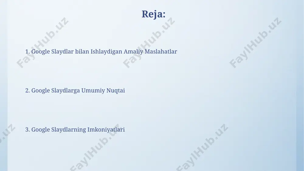 taqdimotingizga dinamiklik bag’ishlaydi. har bir slaydga 10 tagacha animatsiya qo’shishingiz va ularning tezligini, davomiyligini va kechikishini sozlashingiz mumkin, bu sizga aniq vaqtlashtirish imkonini beradi. interfeys va asosiy xususiyatlar google slides real vaqtda hamkorlik qilish imkoniyatini beradi, shu bilan birga 100 mb gacha bo'lgan fayllarni yuklashga ruxsat beradi, bu esa jamoaviy ishlarni samarali boshqarishga yordam beradi. google slides interfeysi intuitiv bo'lib, foydalanuvchilarga 100 dan ortiq turdagi qolip va 500 dan ortiq shablonlarni taklif etadi, bu esa har qanday loyiha uchun mos variantni topishni osonlashtiradi. slaydlarni yaratish va tahrirlash google slaydlarning hamkorlik funksiyasi 20 tagacha foydalanuvchiga bir vaqtning o'zida slaydlar ustida ishlash imkonini berib, jamoaviy loyihalarni tez va samarali bajara olishingizga yordam beradi. google slaydlar orqali 100 tagacha slayddan iborat taqdimotlarni osongina yaratishingiz va tahrirlashingiz mumkin, bu esa katta hajmdagi ma'lumotlarni samarali tarzda taqdim etish imkonini beradi. izoh va fikrlar bildirish taqdimotdagi matnlarni turli xil shriftlar, o'lchamlar va ranglar yordamida 3 ta …
