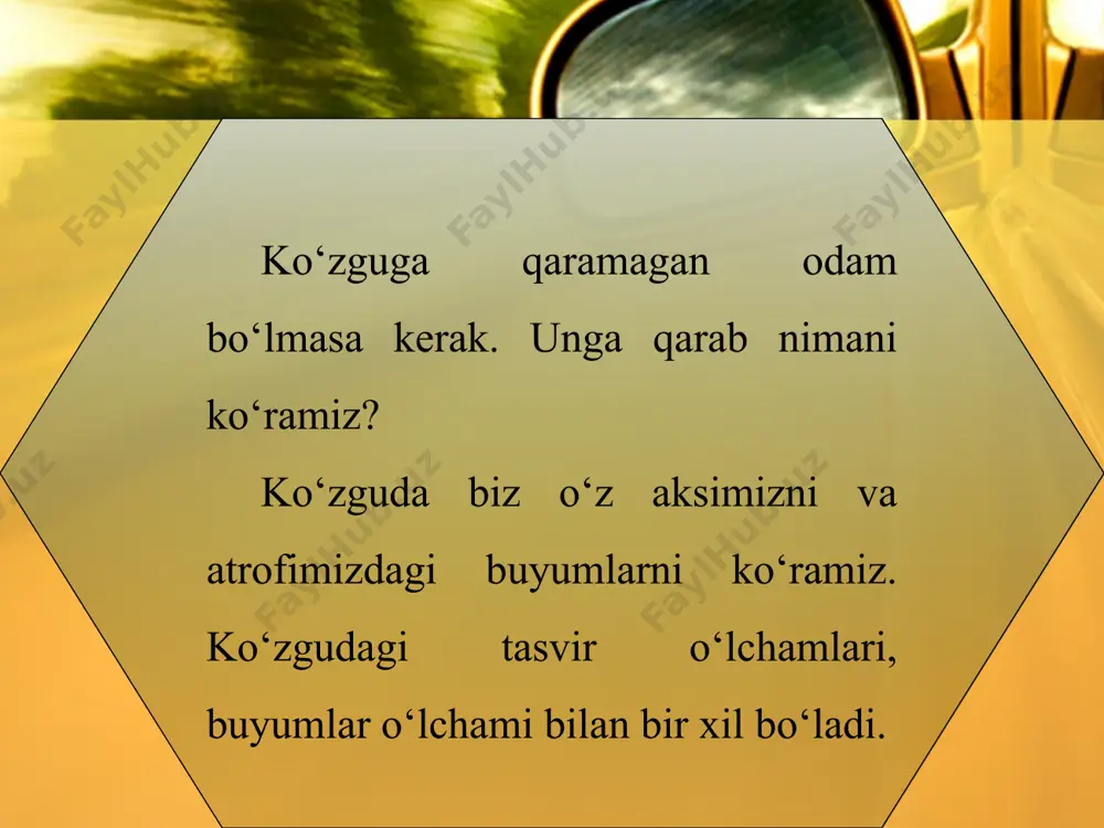 gacha bo‘lgan masofa fokus masofasi deyiladi. * qavariq ko‘zguga tushgan quyosh nurlari undan sochiladi (111-b rasm). sochilgan nurlarni fikran davom ettirilsa, f nuqtada kesishadi. unga mavhum fokus deyiladi. od – ko‘zguning egrilik radiusi, df – ko‘zguning fokus masofasi deyiladi. agar yorug‘lik manbaini botiq ko‘zguning fokusiga qo‘yilsa, undan chiqqan nurlar ko‘zgudan qaytib, bosh optik o‘qqa parallel holda qaytadi. ko‘zgularda tasvir yasash uchun buyumdan chiqqan ikkita nurdan foydalanish kifoya. 112-rasmda botiq ko‘zguda yonib turgan shamning tasvirini yasash keltirilgan. 112-rasmda buyum ko‘zgudan 2f masofadan nariga qo‘yilgan. * undan 1 nurni bosh optik o‘qqa parallel, 2 nurni bosh fokus f ga yo‘naltiramiz. bu nurlar ko‘zgudan qay tib, o‘zaro uchrashgan joyida shamning tasviri hosil bo‘ladi. tasvir to‘nkarilgan, kichiklashgan va haqiqiy bo‘ladi. agar buyum ko‘zgudan 2f va f oralig‘idagi masofaga qo‘yilsa (113-rasm), tasvir bu safar ham 1 va 2 nur yordamida yasaladi. tasvir to‘nkarilgan, kattalashgan va haqiqiy bo‘ladi. agar buyum 2f masofaga qo‘yilsa, buyum va tasvir …