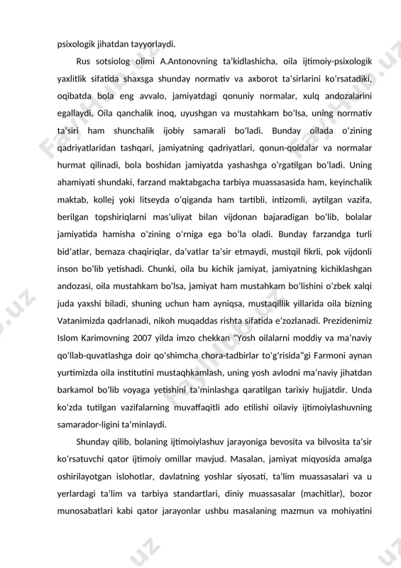 lar to‘g‘risida”gi farmoni aynan yurtimizda oila institutini mustaqhkamlash, uning yosh avlodni ma’naviy jihatdan barkamol bo‘lib voyaga yetishini ta’minlashga qaratilgan tarixiy hujjatdir. unda ko‘zda tutilgan vazifalarning muvaffaqitli ado etilishi oilaviy ijtimoiylashuvning samarador-ligini ta’minlaydi. shunday qilib, bolaning ijtimoiylashuv jarayoniga bevosita va bilvosita ta’sir ko‘rsatuvchi qator ijtimoiy omillar mavjud. masalan, jamiyat miqyosida amalga oshirilayotgan islohotlar, davlatning yoshlar siyosati, ta’lim muassasalari va u yerlardagi ta’lim va tarbiya standartlari, diniy muassasalar (machitlar), bozor munosabatlari kabi qator jarayonlar ushbu masalaning mazmun va mohiyatini belgilaydi. yuqorida aytilgan resotsializatsiya jarayonidan tashqari, oila muhitining o‘zi ham ayrim holatlarda salbiy ma’nodagi ijtimoiylashuvga aloqador bo‘lib qolishi mumkin. olimlar o‘tkazilgan qator tadqiqotlar asosida ana shunday omillarning to‘rt guruhini ajratganlar: 1.ota-onalar o‘rtasida murosaning yo‘qligi, oilaviy o‘zaro munosabatlarni mustahkamlash borasida aniq belgilangan ahloqiy tamoyillarning mavjud emasligi; 2. ota-onalarning ruhiy nosog‘lomligi va qonunbuzarligi; 3.yashash sharoitlarining yaxshi emasligi, bolaning to‘laqonli o‘sishi, dars tayyorlashi, jismonan chiniqishi uchun sharoitlarning yetarli emasligi; 4.maktab sharoitining talab darajasida emasligi; 5. mahalla …