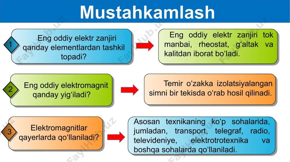 shlash psinsipi magnit maydon ta’sirida ramka magnit kuch chiziqlariga perpendikulyar joylashishga harakat qiladi. bunda a va b cho‘tkalar kollektor halqalariga tegmay qoladi va ramkadan tok o‘tmaydi. elektr dvigatelning ishlash psinsipi lekin ramka o‘z inersiyasi bilan aylanishni davom ettirib, magnit kuch chiziqlariga parallel joylashib oladi. bunda cho‘tkalar kollektor halqalariga tegib qoladi va ramkadan a-4-3-2-1-b yo‘nalishda tok o‘tadi. magnit maydon ta’sirida ramka yana perpendikulyar holatga kelib qolishga harakat qiladi. shu tariqa jarayon davom etib, ramka uzluksiz aylanadi. elektr dvigatelning ishlash psinsipi amalda bitta ramkali rotordan iborat bo‘lgan dvigatellar qo‘llanil-maydi. chunki ularda ramkaning aylanishi bir tekis bo‘lmaydi va ramkaning rotor o‘qini aylantirishga kuchi yetmaydi. ramka magnit kuch chiziqlariga perpendikulyar vaziyat-dan parallel vaziyatga kelguncha sekin va kuchsiz aylanma harakatda bo‘ladi. elektr dvigatelning ishlash psinsipi ikkita ramkali elektrodvigatelda ramkalar bir-biriga perpendikulyar qilib bitta o‘qqa mahkamlanadi. kollektorning qoplamalari ikkita emas, balki to‘rtta bo‘ladi. ikkita ramkali rotorda magnit kuch chiziqlariga parallel joylashgan birinchi ramkadan tok o‘tganda magnit …