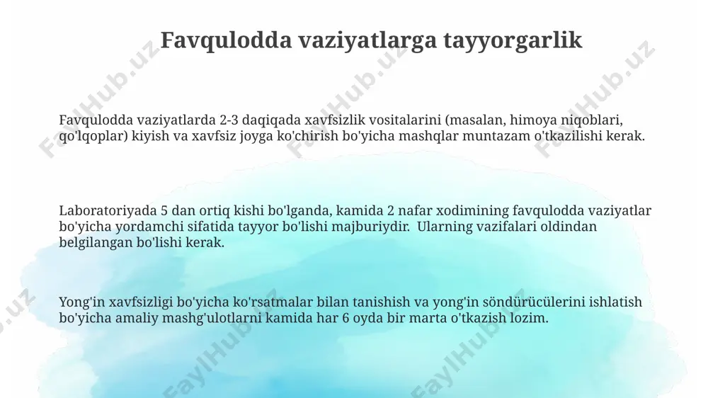 kerak bo'lsa, neytrallashtirish jarayonini amalga oshirish lozim. ma'lumotlarni qayd etish va hujjatlashtirish har bir tajriba uchun alohida jurnal saqlash va unda sana, vaqt, ishlatilgan moddalar miqdori (masalan, 10 ml, 2 g) va kuzatilgan natijalarni batafsil yozib borish kerak. xatoliklarni tuzatishda eski ma'lumotni o'chirmasdan, yangi ma'lumotni yoniga yozib, o'zgartirish sanasini va sababini ko'rsatish zarur, masalan, "15.10.2024, xato tuzatildi". ma'lumotlarni qayd etishda aniqlik va to'liqlik muhim, kamida 3 marta o'lchovlarni o'tkazib, o'rtacha qiymatni hisobotda ko'rsatish tavsiya etiladi. laboratoriya axloqi va xulq-atvori tajriba natijalarini yozib olishda aniqlik va ob’ektivlikka rioya qilish kerak. xatoliklar chegarasi +/- 0.5% dan oshmasligi kerak, bu aniqlikni ta’minlaydi. laboratoriya jihozlaridan faqat o‘qituvchi yoki tajribali mutaxassis ko‘rsatmasi bilan foydalanishga ruxsat beriladi. bu qoida 3 dan ortiq talaba bo‘lgan guruhlar uchun majburiydir. laboratoriyada kamida 2 kishi bir vaqtda xavfli tajribalar o‘tkazishi kerak, har birining vazifasi aniq bo‘lishi lozim. xavfsizlik choralari bajarilishi monitoring qilinadi. laboratoriya ishiga kirish laboratoriya ishlarida kamida 3 ta …