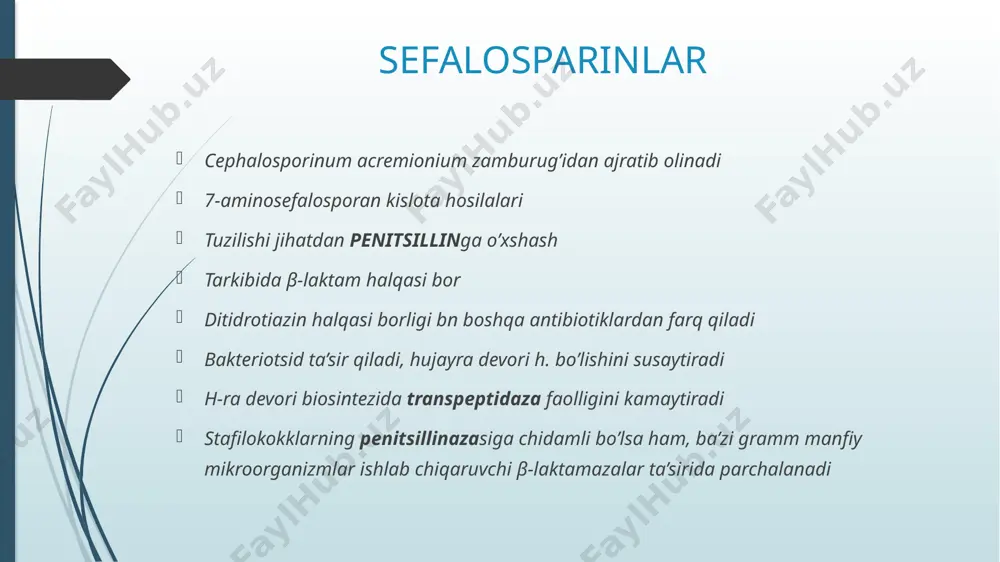 bakteroidlarga arzimaydigan ta'sir ko‘rsatadilar qo'llanilishi : yuqorinafas yo'llari, siydik, o't safro, qorin soxasi, teri, suyak, bo'g'imlar, yurakning infektsion kasalliklarida. so'zak, kuyish va xirurgik aralashuvlarda infektsiyani oldini olish uchun. meningit va yashil kokk tayoqchalariga qarshi qo'llaniladi. nojo'ya ta'sirlari: qon ketish xavfi, gemato-, nefro-, neyro-, gepatotoksik ta'silari bor, allergik r-yalar, penitsillin b-n kechuvchi allergiyalar, maxalliy ta'sirlantiruvchi xossa (sefalotin). shu sabab-li m/i yuborilganda og'riq, infilratlar, v/o yuborilganda esa flebitlar yuzaga kelishi mumkin. gipoprotrombinemiya (sefoperazon va b.). superinfektsiya, ayniqsa ko'k yiring tayoqchasiga. ichilganda dispeptik buzilishlar qarshi ko'rsatmalar: epilepsiya, jigar va buyrakning o'tkir yetishmovchiligi, xomiladorlik, emizish davri. sefazolin na- tuzi. sefalosporinlar 1-avlodiga mansub. bakteritsid ta’sirga ega h-ra devori biosintezini ingibirlaydi mikroorganizmlar chaqirgan infeksion yallig’lanish kasalliklariga qarshi ishlatiladi yuqori va quyi nafas yo’llari, siydik va o’t-safro chiqarish yo’llari, kichik chanoq a’zolari, teri va yumshoq to’qimalar, suyaklar va bo’g’imlarning kasalliklari sepsis, endokardit,peritonit, o’rta otit, osteomiyelit, mastit, jarohatlar, kuyishlar va operatsiyadan k-ngi infeksiyalar sifilis va gonoreya jarrohlik infeksiyalarini …