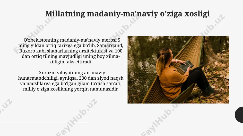 y qadriyatlarning shaxs tarbiyasida o'rni toshkent shahridagi 10 ta maktabda o'tkazilgan tadqiqotlar shuni ko'rsatdiki, diniy va milliy an'analarga hurmat 70% o'quvchilarning shaxsiy rivojlanishiga ijobiy ta'sir ko'rsatadi. ma'naviy qadriyatlar, masalan, halollik va mehr-oqibat kabi tushunchalar, shaxsning 5 yoshdan 18 yoshgacha bo'lgan davrida samarqanddagi oilalar va ta'lim muassasalarida faol singdiriladi. qadriyatlar konfliktlari va ularni hal qilish yo'llari 2000-yillardan keyin o'zbekistonda milliy qadriyatlarni tiklashga qaratilgan 5 ta davlat dasturi qabul qilindi, bu esa diniy va an'anaviy qadriyatlar bilan globalizatsiya oqibatlari o'rtasidagi ziddiyatlarni kamaytirishga yordam berdi. markaziy osiyo mintaqasida, xususan, qozog'iston va tojikiston bilan bo'lgan madaniy almashinuvlar, 3 ta asosiy qadriyat - oila, hurmat va mehnatsevarlikka oid turli talqinlarga olib keldi, bu esa ba'zi muammolarni keltirib chiqardi. milliy g'oya va uning qadriyatlar tizimiga ta'siri samarqand, buxoro kabi tarixiy shaharlarning madaniy merosi va an'analari milliy g'oya tarkibiga kiritilishi orqali yoshlarni vatanparvarlik va milliy iftixor tuyg'usini tarbiyalashga 30% dan ortiq hissa qo'shdi. milliy g'oya, masalan, o'zbekiston …