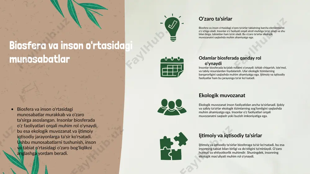 a kelajakda tahdidlar kelajakda biosferaga bir qator tahdidlar mavjud. iqlim o'zgarishi, ko'p qirrali ifloslanish va resurslarning tugashi kabi muammolar biosferaning barqarorligini xavf ostiga qo'yadi. bu tahdidlar nafaqat tabiiy muhitga, balki inson hayotiga ham salbiy ta'sir ko'rsatadi. masalan, iqlim o'zgarishi natijasida global haroratning oshishi, qishloq xo'jaligi ishlab chiqarishiga salbiy ta'sir ko'rsatishi mumkin. ekologik muvozanatni tiklash imkoniyatlari yangi texnologiyalar va innovatsiyalar, masalan, qayta tiklanadigan energiya manbalari va ekologik toza ishlab chiqarish jarayonlari, biosferani muhofaza qilishda muhim rol o'ynaydi. ekologik muvozanatni tiklash uchun, insoniyat usullarini o'zgartirib, barqaror rivojlanishga o'tishi kerak. inson va biosfera o'rtasidagi doimiy munosabatlar esa, biosferani himoya qilishda va uning resurslarini oqilona ishlatishda muhim ahamiyatga ega. photo by timi gaier on unsplash inson faoliyatining ijtimoiy ta'siri inson faoliyati ijtimoiy tadqiqotlar orqali o'rganiladi. qishloq xo'jaligi, sanoat va urbanizatsiya kabi sohalar, ijtimoiy hayotimizga va biosferaga ta'sir ko'rsatadi. bu ta'sirlar, odamlarning ijtimoiy faoliyatlari orqali ko'rinadi va biosferadagi muvozanatni o'zgartirishi mumkin. ijtimoiy tadqiqotlar inson faoliyatini, …