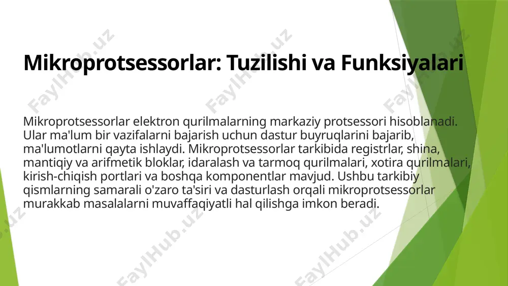 gi ma'lumotlar uzatishni parallel yoki ketma-ket shinalari orqali amalga oshiradi. har bir shina ma'lum bir vaqt oralig'ida ma'lumotlarni uzatadi. 2 xotira turlari mikroprotsessorli tizimlar ram, rom, eprom, eeprom, flash xotiralar kabi turli xil xotira qurilmalarini qo'llaydi. ular o'zgaruvchan va o'zgarmas ma'lumotlarni saqlash uchun ishlatiladi. 3 ma'lumotlarni saqlash mikroprotsessorli tizimlar ma'lumotlarni o'ng'aylik uchun ularni xotira qurilmalari, tashqi qattiq disklar yoki bulutli xizmatlar orqali saqlaydi. kerakli vaqtda esa ushbu ma'lumotlar qayta chaqirib olinadi. 7 mikroprotsessorli tizimlarni sinash va ishga tushirish boshlang'ich sozlash qurilmani ilk marta yoqishdan oldin barcha elektrik ulanishlarni va qurilma parametrlarini tekshirish zarur. dastur yuklanishi qurilmaga yozilgan dastur yordamida protsessor va qurilmalarni ishlashini sinab ko'rish kerak. funktsionallikni sinash barcha modullarning kutilgan funksiyalarni to'g'ri bajarganligi, xavfsizlik va xatoliklarni tekshirish. sozlash va baholash aniqlangan xatolar va kamchiliklarni bartaraf etish, tizimning o'lchov ko'rsatkichlarini baholash. 8 mikroprotsessorli tizimlarning kelajagi 5g tezlik 10x unumdorlik 100t xotira hajmi 1m kiberxavfsizlik mikroprotsessorli tizimlar sanoatda, transportda, tibbiyotda, uyda …