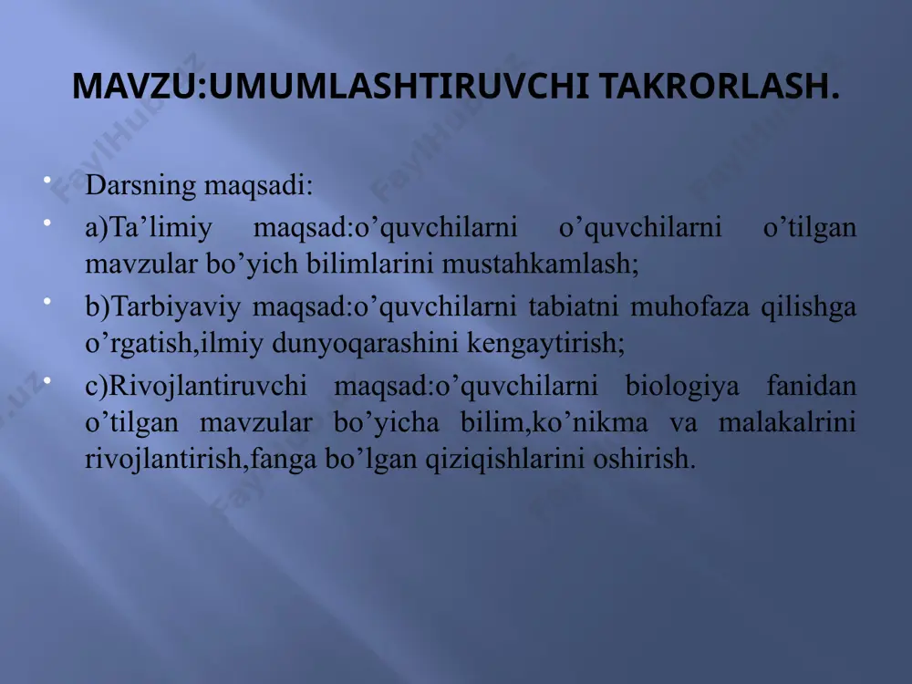 i so’rash va takrorlash: 3-topshiriq: ”juftini toping” 1.kanop 2.boychechak 3.piyoz 4.uzum navi 5.shuvoq 6.rezavor meva 7.don 8.qora ituzum o’tilgan mavzuni so’rash va takrorlash: 3-topshiriq: ”juftini toping” javoblarni tekshiramiz: 1.avstraliyada tabiiy holda uchramaydi-piyoz 2.mart oyining boshida unib chiqadi-boychechak 3.bug’doydoshlarning mevasi-don 4.o’zbekistonda 39ta turi uchraydi-shuvoq 5.tokdoshlar oilasining mevasi-rezavor meva 6.mevasi “c”darmondorilariga boy-qora ituzum 7.qirmizi bu-uzum navi 8.tolali o’simlik-kanop o’tilgan mavzuni so’rash va takrorlash: bir va ikki urug’pallali o’simliklar bir urug’pallali ikki urug’pallali 4-topshiriq:bir va ikki urug’pallali o’simliklarnig asosiy xususiyatlarini yozing: o’tilgan mavzuni so’rash va takrorlash: burchoq- doshlar oilasi 5-topshiriq:berilgan klasterni bajaring: uyga vazifa: berilgan jadvalni to’ldiring: o’simlik nomi sinfi oilasi ildiz tizimi barg tomirlanishi gul formulasi to’pguli meva turi uyga vazifa: 13 uyga vazifa: o’tilgan mavzularni takrorlash bajarish uyga vazifa: mavzu yuzasidan test savollari tuzish bajarish uyga vazifa: mavzuga oid boshqotirma tuzish. bajarish e’tiboringiz uchun rahmat image2.png image3.png image4.png image5.png /docprops/thumbnail.jpeg