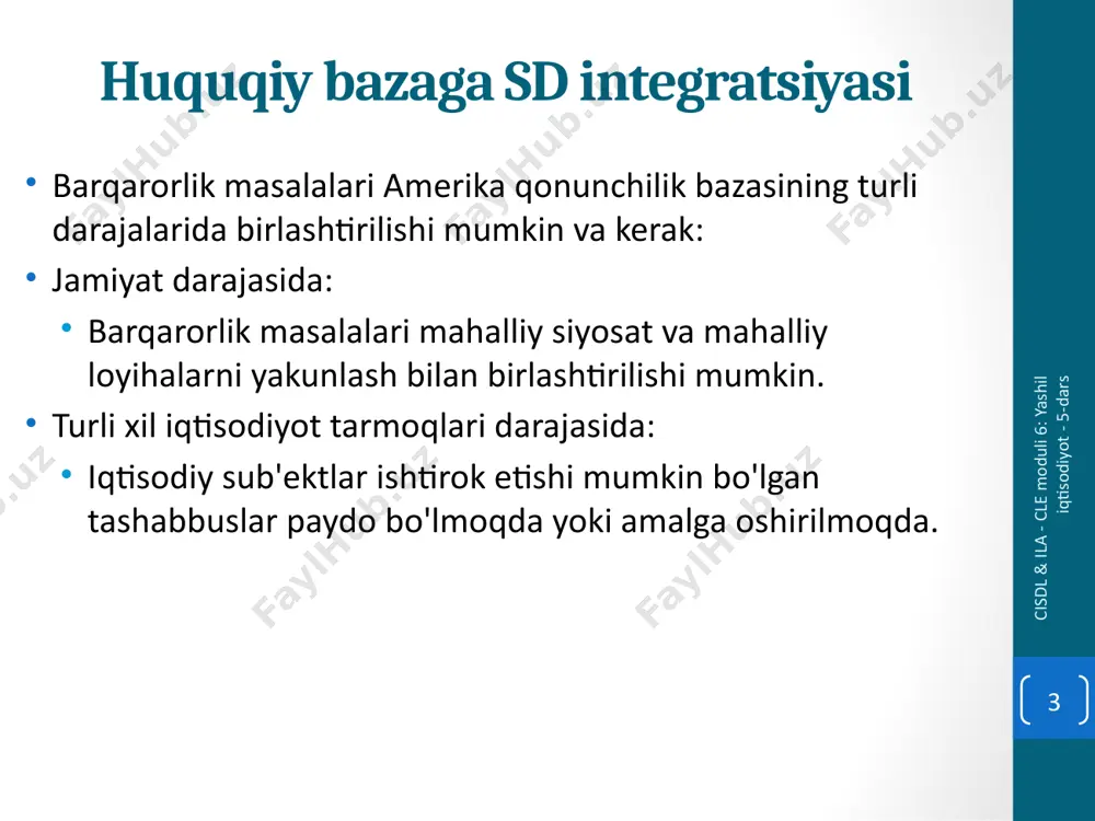 rokchi yoki siyosatchi sifatida hamma uchun ochiq ko'proq ega bo'lish sukut bo'yicha barqaror tanlovlar, barqarorlikni tanlashni bir marta qilish va yana buni qilish kerak emasligini anglatadi . institutlar nomidan qonunning barcha sohalaridan foydalanish shu jumladan iqtisodiy huquq va yashil iqtisodiyot asboblar cisdl & ila - cle moduli 6: yashil iqtisodiyot - 5-dars 7 barqarorlikni oldinga siljitish (davomi) vizyonli va pragmatik boshqaruv va hukumatlarga ega bo'lish bu korporatsiyalar va yuridik shaxslarni o'z ichiga olishi kerak. vizyonkor deganda biz uzoq muddatli istiqbolga yo'naltirilgan qaror qabul qilishni nazarda tutamiz. pragmatik deganda biz qarorlaringizning aniq oqibatlariga e'tibor berishni nazarda tutamiz. global fuqarolar harakatini yaratish muammo global va murakkab bo'lgani uchun biz bir sektor yoki bir toifadagi aktyorlarga tayanolmaymiz. cisdl & ila - cle moduli 6: yashil iqtisodiyot - 5-dars 8 taklif etilayotgan yaxshilanishlar aqsh qonunchiligida o'tmishda aqsh atrof-muhit siyosatida yetakchi bo'lgan. so'nggi o'n yilliklarda aqsh, ayniqsa, iqlim o'zgarishi sohasida yetakchilikni qo'lga olishga tayyor bo'lgan …