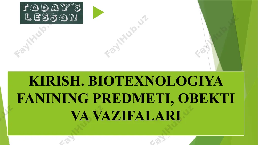 od tuzilishini aniqlanishi; 3. organizmlar bir avlodining hayoti jarayonida genlar faoliyatini boshqarish mexanizmlarini ochib berilishi; 4. mikroorganizmlar, o`simlik va hayvon hujayralari kulьturasini olishning ma’lum bo`lgan texnologiyalarni mukammallashtirish va yangi texnologiyalarini yaratilishi; 5. genetik va hujayra injeneriyasi metodlarini rivojlanishi va ular yordamida sanoat miqyosida ishlatiladigan organizmlarning yuqori mahsuldor shakllarini yaratish. “biotexnologiya” terminini 1917 yilda venger injeneri karl ereki kiritgan. uning ta’rifiga ko`ra “biotexnologiya – bu tirik organizmlar yordamida xom ashyodan u yoki bu mahsulot olinadigan ishlarning barcha turidir”, ya’ni biotexnologik jarayonlarning sxemasi quyidagichadir: xom ashyo ↓ boshlang`ich ishlov berish ↓ fermentatsiya va biotransformatsiya ↓ oxirgi ishlov berish ↓ mahsulot biotexnologiyani 3 ta asosiy qismga bo`lish mumkin: 1. sanoat biotexnologiyasi. bunda biotexnologik jarayonlar amalga oshishining umuiy tamoyillari o`rganiladi, biotexnologiyaning asosiy ob’yektlari va uni qo`llash mumkin bo`lgan sohalar, mikroorganizmlar ishlatiladigan bir qator ko`p masshtabli sanoat biotexnologiyasi bilan tanishiladi. 2. hujayra injenerligi. bu qismning asosiy maqsadi – hujayra kulьturasini olish va bu ob’yektlardan amaliyotda …