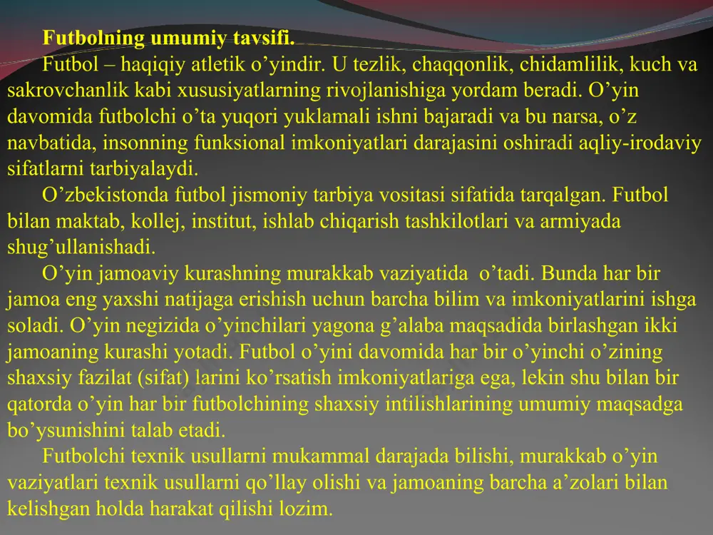 bolchi, murabbiy va hakamlarning professional darajasi va mahoratini oshirish, musobaqalar tizmini tashkil etish va takomillashtirish, moddiy-texnik bazaning rivojlanishiga ko’maklashish o’zbekiston futbol federasiyasining asosiy vazifalaridandir. o’zbekiston futbol federasiyasi o’zbekiston respublikasida futbol rivojiga oid joriy va istiqbolli rejalar ishlab chiqadi, o’zbekiston terma jamoalarining tayyorgarligini tashkillashtiradi. o’zbekiston futbol federasiyasi 14 ta hududiy va viloyat futbol federasiyalarini, 200 dan ortiq usta jamoalari, futbol klublari, sport maktablari, iqtidorlilar va terma jamoa tayyorlash markazlarini birlashtiradi, o’zbekiston respublikasi madaniyat va sport ishlari vazirligi va viloyatlar madaniyat va sport ishlari boshqarmalari bilan hamkorlik qiladi. o’zbekiston futbol federasiyasi nizomiga asoslangan xolda xududiy futbol federasiyalari o’z ish sharoitlariga muvofiq nizom ishlab chiqadi vash u nizom bo’yicha o’z faoliyatini olib boradi. o’zbekiston futbol federasiyasining eng yuqori organi anjuman bo’lib, unda 4 yil muddatga prezident saylanadi. ijroiya qo’mitasi ish organi hisoblanadi. futbolni rivojlantirish masalalari bo’yicha, qabul qilingan qarorlarning tadbiq etilishini nazorat qilish uchun ijroiya qo’mitaga qo’shimcha bolalar va o’smirlar, o’quv-uslubiy, hakamlar va …