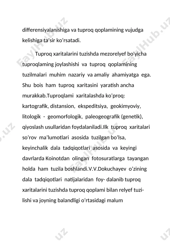 h va nashr etish “kartografiya” ilmiy ishlab chiqarish davlat korxonasi xodimlari tomonidan amalga oshirildi. atlasning qog‘oz bichimi 70x100 sm.kartalar 1:350 000; 1:400 000; 1:600 000; 1:750 000; 1:800 000; 1:2 000 000; 1:2 500 000; 1:4 000 000 masshtablarda tuzilgan. atlasda qoraqalpog‘iston respublikasi, barcha viloyatlar va 0‘zbekistonning tuproq xaritalari berilgan. shuningdek, atlasda respublikamizning tuproq-geografik va geomorfologik rayonlashtirish xaritalari berilgan. tuproq xaritalarida sifatli rang (fon) usuli bilan balandlik mintaqasi tuproqlari beshta guruhga, ya’ni, och qo'ng'ir, jigarrang, to‘q tusli bo‘z, tipik bo‘z va och tusli bo‘z tuproqlar mintaqasiga ajratib tasvirlangan. cho‘l zonasi tuproqlari esa ikkita guruhga, ya’ni mo‘tadil subboreal, issiq va iliq subtropik kichik choi zonasiga ajratib tasvirlangan. kartografik tasvirlash usullari va grafik vositalar yordamida respublika yer fondining hozirgi paytdagi qoplamlari aniq tasvirlangan. tuproq hosil bo‘lishining zonal-mintaqaviy va provintsial- iqlimiy qonuniyatlari asosida tuproqlarning genetik xilma-xilligi ko‘rsatilgan. atlas tarkibiga kiritilgan xaritalar va boshqa matnli hamda grafik materiallar boshqaruvning turli bosqichlarida tuproq unumdorligini oshirish, …