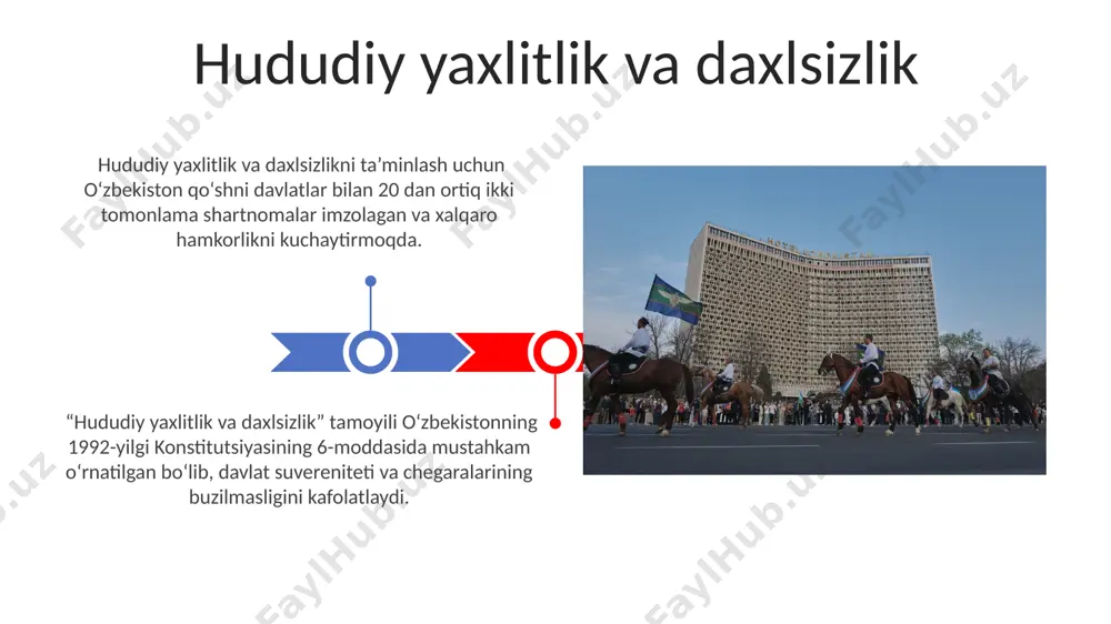 shirilgan pul-kredit siyosati inflyatsiyani nazorat qilishga qaratilgan boʻlib, milliy valyuta – soʻmning barqarorlashuvi uchun muhim omil boʻldi. iqtisodiy islohotlar davrida yalpi ichki mahsulotning oʻsishi 1991 yildagi darajadan 2000 yilga kelib 5 barobarga oshdi, bu liberallashtirish siyosatining samaradorligini koʻrsatadi. davlat suvereniteti va mustaqilligi deklaratsiyada o‘zbekistonning suveren davlat sifatida xalqaro huquq sub’yekti ekanligi, uning hududiy yaxlitligi va milliy mustaqilligini himoya qilishning muhim ahamiyati ta’kidlangan. davlat suvereniteti va mustaqilligi deklaratsiyasi 31 avgust 1991-yilda o‘zbekiston respublikasi oliy kengashi tomonidan qabul qilingan va 276 ovoz bilan tasdiqlangan. milliy tiklanish milliy tiklanish davrida o'zbekiston kommunistik partiyasi monopliyasiga qarshi kurash kuchayib, ko'plab milliy harakatlar va demokratik tashkilotlar faol ishtirok etdi. 1990-yilda o'zbekiston suvereniteti deklaratsiyasi qabul qilinishi milliy tiklanish jarayonining muhim bosqichi bo'lib, davlat mustaqilligi yo'lida muhim qadam edi. davlat hokimiyati tizimi konstitutsiyaga ko‘ra, o‘zbekiston respublikasi oliy majlisi ikki palatadan – senat va qonunchilik palatasidan iborat bo‘lib, 150 dan ortiq deputatdan tashkil topadi. davlat hokimiyati tizimi prezidentlik respublikasi …