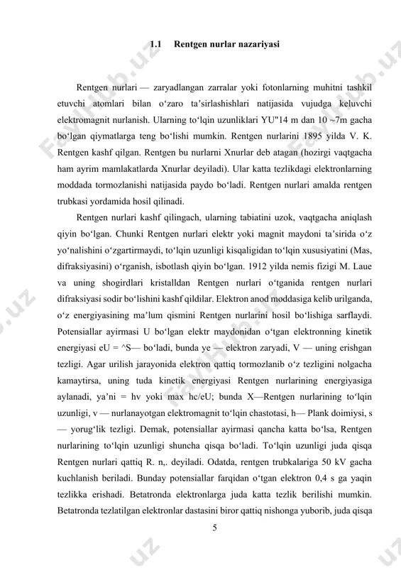 harakteristik nurlanish, yaʼni anod atomlarining ichki elektron krbiklarining uygʻonishi natijasida vujudga keladigan nurlanish ham kuzatila boshlaydi. rentgen nurlarining optik xususiyatlarida yorugʻlikning barcha xususiyatlariga oʻxshash sinish va qaytish, qutblanish va difraksiya kabi hodisalar kuzatiladi. u yorugʻlikning yutilishiga oʻxshash qonunga boʻysunadi, yaʼni 1=1^", bunda 10 — yutuvchi qatlamga kelayotgan rentgen nurlari intensivligi, 1x qatlamdan oʻtgan rentgen nurlari intensivligi, (i. — rentgen nurlari intensivligining susayish koeffitsiyenta. rentgen nurlari intensivligining susayishida, ularning moddadagi kuchli bogʻlangan elektronlar (yaʼni atom ichki qobigʻidagi elektronlar)da, kogerent sochilishi, shuningdek, tashqi kuchsiz bogʻlangan elektronlarda kogerentsiz sochilishi (kompton hodisasi) va fotoelektr yutilishi muhimdir. rentgen nurlari ning yutilish spektrlari atom elektron qobigʻining energetik satx/iap strukturasini aniqlashda qoʻllaniladi. rentgen nurlarining moddada yutilish koeffitsiyenti yorugʻlik yutilishi koeffitsiyentiga nisbatan kichik. shu tufayli rentgen nurlari turli moddalardan osongina oʻta oladi. rentgen nurlari koʻzga koʻrinmaydi, ularni qayd qilish uchun maxsus usullar (fotografiya, ionlash) ishlab chiqarilgan. fotografiya usulida rentgen nurlari faqatgina qayd qilinib qolmasdan, ularning intensivligi ham aniqlanadi. …