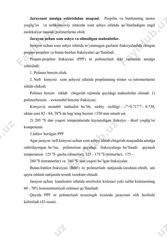 lizator sarfi - 0,09 0,2 % (massa) parafin uglevodorodlarni izomerizastiyalash texnologik tizimi jarayonni amalga oshirishdan maqsad. 1. neftni birlamchi haydashdan olingan fraksiyalardan oktan soni yuqori bo’lgan engil avtomobil benzini komponentlari ishlab chiqarish; 2. pentandan sintetik kauchuk ishlab chiqarish uchun xom ashyo maqsadida izopentan olish; 3. butanni izomerizastiyalash natijasida izobutan ishlab chiqarish. jarayon uchun xom ashyo va olinadigan mahsulotlar. tizim birinchi rejimda ishlatilganda xom ashyo sifatida, neftni dastlabki haydashdan olingan engil fraksiyalar qo’llaniladi. jarayonda izokomponentlar ishlab chiqarilib, u katalitik riforming va kreking jarayonlaridan olingan katalizatlar bilan aralashtirilib, ai-93, ai-98, «ekstra» benzinlari ishlab chiqarishda qo’llaniladi. quyida qaynash temperaturasi 62 0s gacha (i) va 70 0 s gacha (ii) bo’lgan fraksiyalarni izomerizastiya qilishda xom ashyo va mahsulot parametrlari keltirilgan: (i) fraksiya sifatida pentan (ii) fraksiya sifatida pentan va geksan ishlatiladi. xom ashyo i ii oktan soni 73 69 to’yingan bug’ bosimi, mm.sim.ust. 940 600 izokomponent (olingan mahsulot) oktan soni 89-90 82-85 tuyinmagan bug’ …