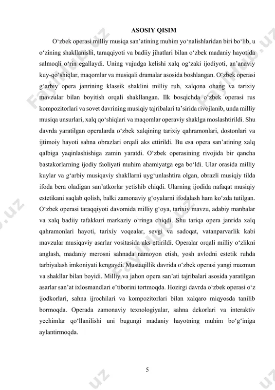 bek operasi boyib bordi, mazmun jihatdan chuqurlashdi, shakl va uslub jihatdan esa takomillashdi. o‘zbek operasi bosqichma-bosqich taraqqiy etib, avval sovet mafkurasi bilan bog‘liq asarlardan boshlab, keyinchalik mustaqil tarixiy shaxslar hayoti, milliy qadriyatlar va zamonaviy mavzularni yoritishga o‘tdi. har bir davr o‘zining ijtimoiy, siyosiy va madaniy talablari asosida opera asarlarida o‘z aksini topdi. shu tariqa opera san’ati o‘zbek musiqa madaniyatida mustahkam o‘rin egalladi. o‘zbek operasining shakllanishida bastakorlar bilan bir qatorda libretto mualliflari, sahna rejissyorlari, opera xonandalari, dirijyorlar va dekoratsiya ustalari ham katta hissa qo‘shgan. ularning birgalikdagi ijodiy mehnati natijasida milliy opera maktabi shakllandi, yirik opera sahnalari faoliyat olib bordi, yangi spektakllar sahnalashtirildi va opera tomoshalari orqali keng ommaga taqdim etildi. bugungi kunda o‘zbek operasi yangi avlod kompozitorlari ijodida davom etmoqda. ular zamonaviy musiqa texnikasi va kompozitsiya usullarini milliy ruh bilan uyg‘unlashtirishga harakat qilmoqdalar. i-bob o‘zbek operasining yaratilish tarixi, davrlari va kompozitorlar ijodi 1.1. o‘zbek operasining shakllanish bosqichlari. o‘zbek operasi rivojlanishi tarixida …
