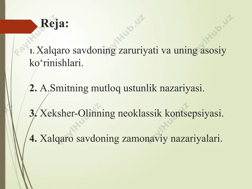 ispaniya 4 3 mahculot ishlab chiqarish uchun zarur bo ‘lgan mehnat sarfi. shunday qilib, erkin savdo xalqaro ixtisoslashuvni ragʻbatlantirib, quyidagi imkoniyatlarni yaratadi: har bir mamlakat biror turdagi mahsulot ishlab chiqarishga ixtisoslashishguncha oʻtgan davrgiga nisbatan kamroq moddiy va mehnat xarajatlari sarflaydigan boʻladi. ammo, bu borada barcha nazariyalar ham savdoda mamlakatlarning pul birliklari ishtorokida amalga oshishi hisobga olinmagan. chunki, mamlakatlar oʻzaro hisob-kitoblarni amalga oshirish uchun valyutalarini almashtirishadi. d. rikardo ushbu vaziyatni ham tushuntirib bera olgan. u izohlaganidek yuqorida keltirilgan imkoniyat valyutalarni almashtirish sharoitida ham saqlanib qoladi. bu vaziyatda eksport-import toʻlovlari oʻzaro balansga ega emas. bunday vaziyat valyuta kurslaridagi oʻzgarishlar hisobiga yoki biror bir mamlakatdagi barcha baholarni oʻzgartirish hisobiga bartaraf etiladi. yuqoridagi misol mavhum xususiyatga ega. u aniq vaziyatlarga asoslanishi uchun: - mehnat savdo qilayotgan mamlakatlar oʻrtasida emas, balki mamlakat ichida harakatchan boʻlishini; - transport, bojxona xarajatlari, savdo ustamalari va boshqa cheklashlar hisobga olinmasligini; - mahsulotlarning yangi namunalarni ishlab chiqarishda yangi texnika va …
