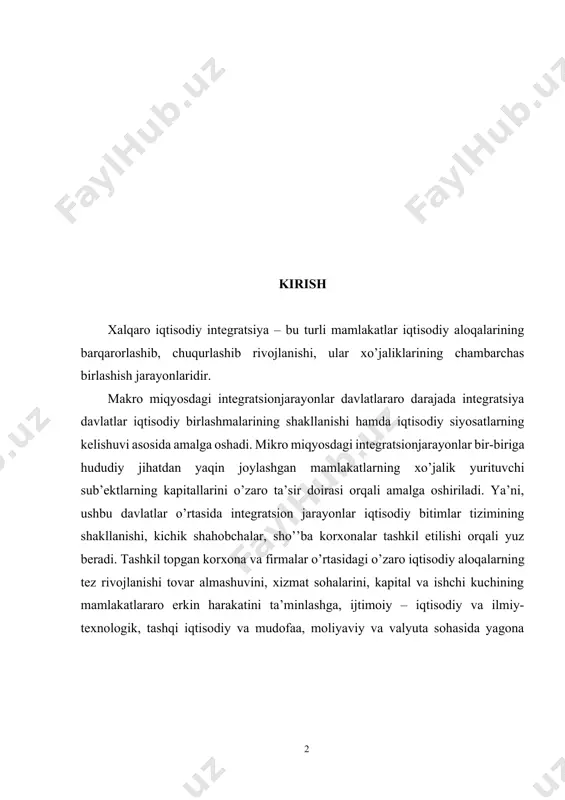 ilmiy-texnologik, tashqi iqtisodiy va mudofaa, moliyaviy va valyuta sohasida yagona siyosatni o’tkazish zaruriyati tug’iladi. yagona valyuta va moliyaviy fondlar, infratuzilmalar va umumiy davlatlararo boshqaruv organlariga ega bo’lgan iqtisodiy majmualar yaratiladi. iqtisodiy integratsion jarayonlar asosidagi omillar: xo’jalik hayotining baynalminallashuvi mehnat taqsimotining chuqurlashuvi ilmiy texnika inqilobi iqtisodiyotda ochiqlikning kuchayishi jahon iqtisodiyotida xo’jalik hayotining barqaror rivojlanishi, takror ishlab chiqarishning milliy xo’jaliklar doirasidan chetga chiqish jarayonini aks ettiradi (eng avvalo, xalqaro mehnat taqsimoti asosida). jahon xo’jaligi baynalminallashuvining o’sishi va rivojlanishida tmklarning ta’sir doirasi kattadir. jahon xo’jaligida xalqaro iqtisodiy integratsiyaning rivojlanish jarayonlarini ikkinchi omili - xalqaro mehnat taqsimoti tuzilmasidagi chuqur o’zgarishlardir . iti tashqi iqtisodiy aloqalarning ijtimoiy takror ishlab chiqarishdagi rolini oshishini ta’minlovchi muhim omildir. xullas, itining rivojlanishi u yoki bu mamlakatda alohida bir ajralgan holda to’laqonli rivojlanib bora olmaydi. turli mamlakatlarga tegishli firmalarning kooperatsiyalashuvi natijasida ishlab chiqarish va investitsiyalar sohasida yirik xalqaro muammolar kelib chiqmoqda. milliy davlatlarda ochiq iqtisodiyotning shakllanishida eksportga yo’naltirilgan ishlab chiqarishini …