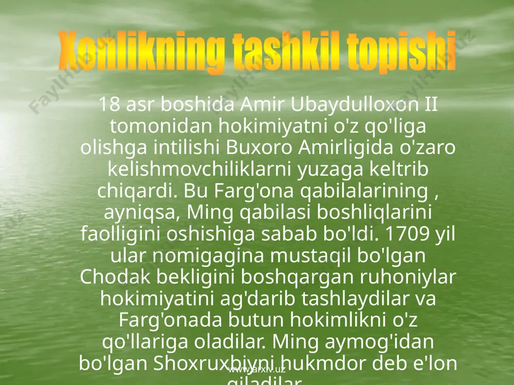 ni paytda katta shaharlardan biriga mustaqil hokim etib tayinlangan. parvonachi o`z nufuzi jihatdan qushbegi vakolatiga teng bo`lgan. mingboshi xonlikda bu mansab keyinchalik birinchi o`ringa chiqqan. u xonlikda bosh vazir hisoblangan. u alohida otryadga boshchilik qilgan. xudoychi xon nomiga yozilgan arizalarni qabul qilish bilan shug`ullangan. daftardor xonning shaxsiy daromadi, hisob-kitobni olib boruvchi amaldor. sarkor davlat xazinasiga tushadigan mahsulotlarni saqlovchi amaldor. shig`ovul mansabdorlar ishi ustidan nazorat olib boruvchi amaldor. muhtasib shariat qonunlarining fo`qarolar tomonidan bajarilishini nazorat qiluvchi amaldor. amiri lashkar sarbozlar qo`shini boshlig`i mirshab joylarda huquq tartibot uchun javobgar bo`lgan. qo'qon xonligida davlat boshqaruvi www.arxiv.uz xonlikning bosh shahri qo’qon edi.ma’lumotlarda “xuvoqand”(“xavoqand”, “xo’qand”) degan nomlar bilan qayd etilgan . “xuvoqand” so’zi --”go’zal”, “yoqimli”, xushmanzara shahar degan ma’noni anglatadi. “xavoqand”—“tepalikdagi shahar” yoki “shamol shahri’ degan ma’noni anglatadi,degan fikrlar ham mavjud. shahar arab sayyoxlari va geograflari istarhiy va ibn havqal tamonidan go’zal, xavosi yoqimli deb tariflangan. xviii asrda yoqut hamaviy o’zining “mo’jailul buldon” asarida uni …