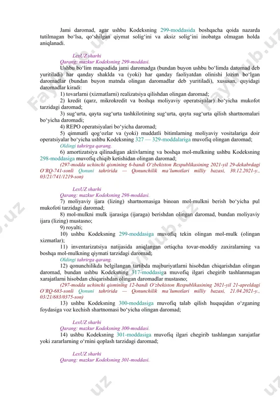 liyatga kiritilgan mablag‘lar summasi o‘rtasidagi farq. 296-modda. soliq bazasi ushbu kodeksning 295-moddasiga muvofiq aniqlanadigan, soliq solinishi lozim bo‘lgan foyda summasi soliq bazasi hisoblanadi. soliq bazasini ushbu bo‘limda belgilangan tartibda va shartlarda aniqlashda soliq to‘lovchi daromadlarining va (yoki) xarajatlarining (zararlarining) ayrim turlari maxsus qoidalar bo‘yicha inobatga olinishi yoki inobatga olinmasligi mumkin. soliq to‘lovchi ushbu bo‘limga muvofiq foydani va zararni hisobga olishning umumiy tartibidan farq qiladigan tartibi nazarda tutilgan operatsiyalar bo‘yicha daromadlarning (xarajatlarning) alohida-alohida hisobini yuritadi. soliq bazasi, agar ushbu kodeksning 48 va 50-boblarida boshqacha qoida belgilanmagan bo‘lsa, soliq davri boshlanganidan e’tiboran ortib boruvchi yakun bilan aniqlanadi. lexuz sharhi qarang: mazkur kodeksning 48 va 50-boblari. soliq to‘lovchi tomonidan hisobot (soliq) davrida ko‘rilgan zararlar soliq solish maqsadlarida soliq bazasini ushbu kodeksning 46-bobida belgilangan tartibda va shartlarda kamaytiradi. lexuz sharhi qarang: mazkur kodeksning 46-bobi. soliq bazasi nazorat qilinadigan chet el kompaniyalarining ushbu kodeksning vii bo‘limi va 331-moddasiga muvofiq belgilanadigan umumiy foydasini ham o‘z ichiga …