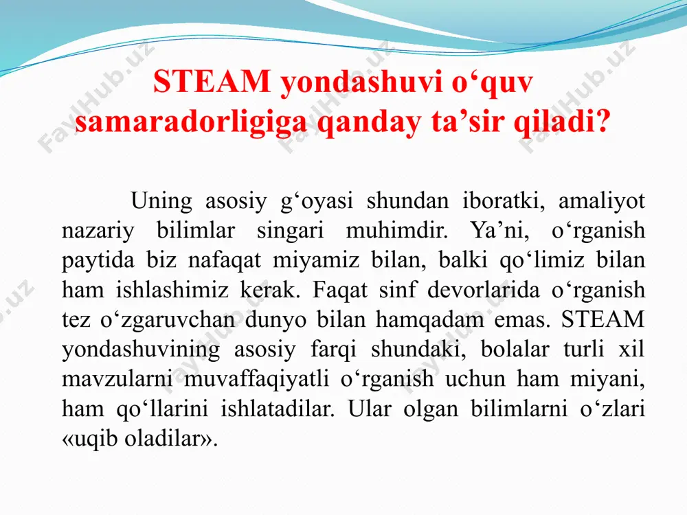 ‘ziga jalb qiluvchi bo‘lishi kerak. xulosa qilib aytganda, shuni ta’kidlashni istardikki, an’anaviy o‘qitish uslublari bilan taqqoslaganda, o‘rta maktabdagi steam yondashuvi bolalarni tajribalar o‘tkazishga, modellar tuzishga, mustaqil ravishda musiqa va filmlar yaratishga, o‘z g‘oyalarini haqiqatga aylantirishga va yakuniy mahsulotni yaratishga undaydi. ushbu ta’lim yondashuvi bolalarga nazariya va amaliy ko‘nikmalarni samarali tarzda birlashtirishga imkon beradi va universitetga kirish va keyingi o‘qishni osonlashtiradi. e’tiboringiz uchun rahmat!!! /docprops/thumbnail.jpeg