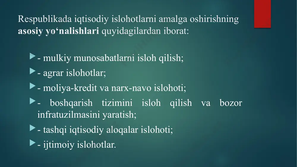 ha hamma turdagi xomashyo va mahsulotlar bo‘yicha erkin narxlarga o‘tildi, barcha iste’mol mollari narxi ustidan davlat nazorati bekor qilindi. isloh qilishning dastlabki bosqichida (1992 yil) keng doiradagi ishlab chiqarish-texnik vositasi bo‘lgan mahsulotlar, ayrim turdagi xalq iste’mol mollari, bajarilgan ishlar va xizmatlarning kelishilgan narxlari va tariflarga o‘tildi. aholini himoyalash maqsadida cheklangan doiradagi oziq-ovqat va sanoat tovarlari narxlarining chegarasi belgilab qo‘yildi. narxlar islohotining ikkinchi bosqichida (1993 yil) kelishilgan ulgurji narxlarni davlat tomonidan tartibga solish umuman to‘xtatildi. narxlarni erkinlashtirishning uchinchi bosqichida (1994 yil oktyabr-noyabr) xalq iste’mol mollari asosiy turlarining narxi erkin qo‘yib yuborildi. shunday qilib, iqtisodiyotni isloh qilishning birinchi bosqichi narxlarni to‘liq erkinlashtirish bilan tugadi. boshqarish tizimini isloh qilish va bozor infratuzilmasini yaratish iqtisodiy islohotlarni amalga oshirish boshqarishning tegishli tizimini yaratishni talab qiladi. shunga asosan respublikada butun iqtisodiyotni, tarmoqlar va hududlarni boshqarishning eng maqbul va hozirgi davrga mos bo‘lgan tuzilmalari ishlab chiqildi. ko‘plab markaziy iqtisodiy organlar va vazirliklar tugatildi (davlat reja qo‘mitasi, davlat …
