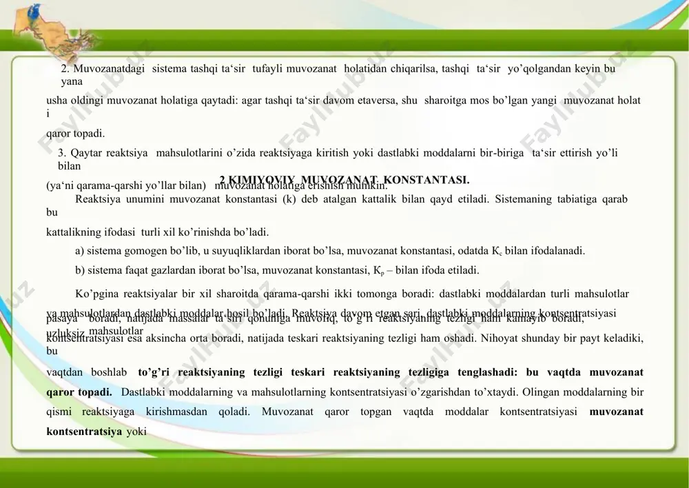 ak, kimyoviy muvozanatda harakat to’xtamaydi, chunki bu holat bir-biriga qarama-qarshi borayotgan ikki jarayon tezliklarining tenglashish holatidir: v1 = v2 bo’lsa 2 [ ] h [н2 ] [j2] = к2 [нj]2 ёки к1/к2 = (ix. 1 ) [ h 2 ][ 2 ] bu tenglamada [н2 ], [j2] va [нj] – reaktsiyada ishtirok etayotgan moddalarning muvozanat kontsentratsiyasi (ya‘ni н2 va j2 ning reaktsiyaga kirishmay qolgan kontsentratsiyalari bo’lsa, нj ning muvozanat qaror topganida hosil bo’lgan kontsentratsiyasidir). quyidagi ifoda k1 k2  km qiymati muvozanat konstantasi nomi bilan yuritiladi. demak, н2+j2  2нj muvozanatining konstantasi: [ h]2 км = [ h 2 ][ 2 ] bilan ifodalanib, bu tenglama ayni sistema uchun masalalar ta‘siri qonunini aks ettiradi. agar sistemada аа+вв  сс+дд tenglamasi bilan tasvirlanadigan muvozanat holati qaror topsa, uning konstantasi: [c ]c  [ д ]д km = (ix. 2) [ a]a  [ b]в tenglama bilan ifodalanadi. bu ifoda massalar ta‘siri …