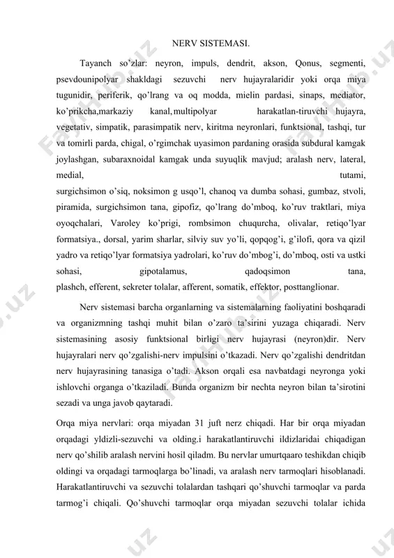 bo’ladi. bo’yin chigalining sezuvchi nervlari to’sh-o’mrov-so’rgichsimon o’siq muskullarining uzunasi bo’yicha o’rtasida elpig’ich shaklida yoyilib ketadi: ularga ensaning kichik nervi, quloqning katta nervi, bo’yinning ko’ndalang nervi, diafragma nervi aralash nervlaridan iborat. bo’yin chigalining harakatlantiruvchi nervlari bo’yinning chuqur muskullariga va til osti suyagidan pastroqdagi yuza muskullariga boradi. elka chigali ko’krak orqa miya nervlarining oldingi tarmoqlaridan vujudga kelib, qo’ltiq bo’shlig’iga kiradi. elka chigalining yuqori bo’limidan bir qancha kalta nervlar chiqadi. bular orqaning yuza muskullarini, elka kamarining ko’pchilik muskullarini va kurakning qo’l tegishli muskullarini innervatsiya qiladi. elka chigalining asosiy qicmi qo’ltiq, chuqurchasida qo’ltiq arteriyasining yonida shu arteriyatsi uch tomondan o’rab turadi. elka chigalining asosiy qismi uchta tutamga; medial, lateral va orqadagi tutamlarga bo’linadi. medial tutamdan quyidagi nervlar chiqadi: elka terisining medial, tirsak nervi va o’rta nervi chiqadi. elka chigalining lateral tutamidan, o’rta nervining lateral ildizidan tashqari, muskul-teri nervi ham chiqadi. bu nerv elkada elkaning ikki boshli muskul bilan elka yusqo’li orasida yotadi, bilak terisining …