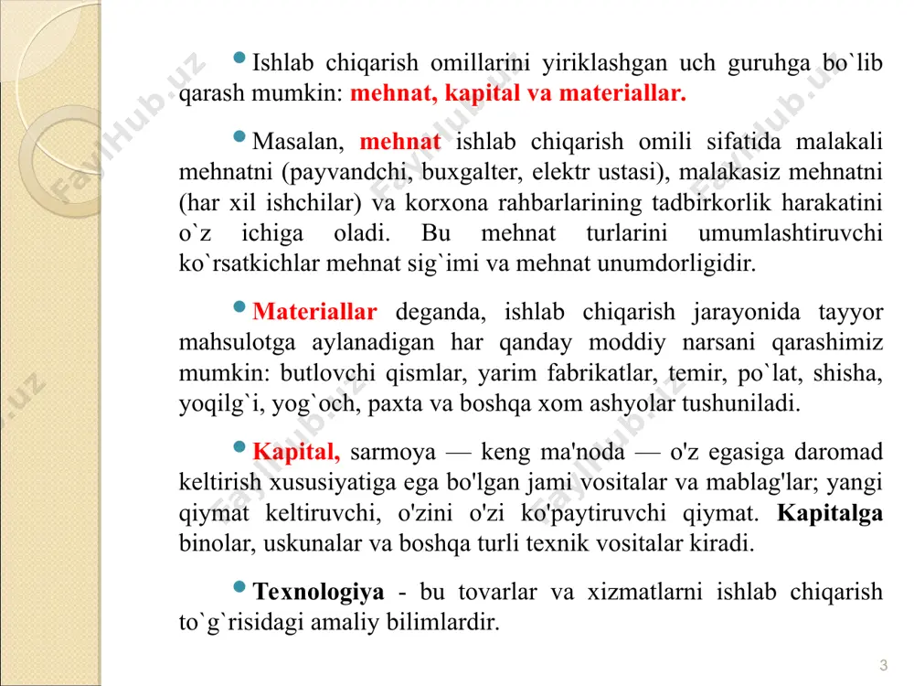 umumiy mahsulotning o‘sgan qismiga aytiladi. masalan, ishlab chiqarishda bitta omil, ya’ni faqat mehnat saflansa chekli mahsulot quyidagicha aniqlanadi: q qo‘shimcha birlik mehnat sarfi (l) hisobiga ishlab chiqarilgan qo‘shimcha mahsulot miqdori. * * omillar mahsuldorligining kamayish qonuni. omillar mahsuldorligini kamayish qonuni shuni ko‘rsatadiki, biror bir ishlab chiqarish omilidan foydalanish oshib borganda (boshqa omillardan foydalanish o‘zgarmaganda), shunday bir nuqtaga erishiladiki, ushbu nuqtadan boshlab qo‘shimcha ishlatilgan omil ishlab chiqarish hajmini kamaytiradi. * chekli texnologik almashtirish normasi. izokvantaning ma’lum nuqtasidagi burchak koeffitsiyenti bir ishlab chiqarish omili bilan (bu yerda kapital) boshqa bir omilni (mehnatni) texnik almashtirish qanday bo‘layotganligini ko‘rsatib beradi. shuning uchun ham ushbu burchak koeffitsiyentining absolyut qiymati chekli texnologik almashtirish normasi deb yuritiladi va u mrts ko‘rinishida belgilanadi. * bu yerda k va l lar bitta izokvantada bo‘lgani uchun mahsulot ishlab chiqarish hajmi q o’zgarmaydi. (q=const). - kapital sarfining o’zgarishi - mehnat sarfining o’zgarishi chekli texnologik almashtirish normasi * k=2 l=1 l=1 l=1 …