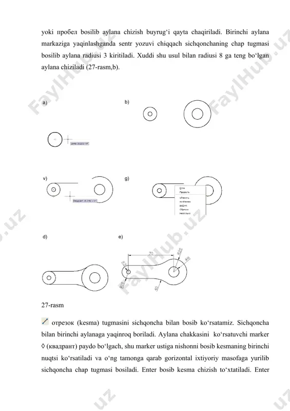 ov, u.a.nazarov: informatika va hisoblash texnikasi 4. qulnazarov b.b. ibragimov x.m. chizmachilik va kompyuter grafikasi asoslari (o‘quv qo‘llanma). samarqand, 2006 y. - 256 bet. 5. ibragimov x.m. kompyuter grafikasi asoslari (ma’ruzalar matni). samarqand, 2008 y. -105 bet. а) b) 1 2 1 полилиния 2 1 2 1 g) v) е) d) 1 2 2 1 2 1 z) j) r = 0 2 1 i) 1 2 25-rasm bez obrezki holati � 26-rasm b) а) g) v) е) d)