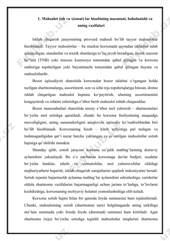 agandan so’ng aniqlash mumkin. lekin mahsulotlarning harakati har kuni sodir bo’ladi, uning uchun joriy hisobda mahsulotni shartli bahoda baholash kerak. тayyor mahsulotlar harakatining kundalik hisobi ishlab chiqarish reja tannarxida yoki korxonaning shartnoma baholarida yoki hisob bahosi deb nomlanadigan chakana jo’natish baholarida yuritiladi. chunonchi, mahsulot birligining reja tannarxi korxonada ishlab chiqiladi. u oy oxirida tayyor mahsulotlarning guruhlari bo’yicha farq summasini yoki foizini hisoblash yo’li bilan haqiqiy tannarxga yetkazib qo’yiladi. farq summasi va foizi mahsulotning oy boshiga qoldig’i hamda uning oy davomidagi kirimiga qarab hisoblab chiqiladi. farqi tejalganligini yoki korxona tomonidan ortiqcha xarajatga yo’l qo’yilganligini ko’rsatadi va shuning uchun ishlab chiqarish jarayonidagi uning ish natijalarini ta’riflaydi. тayyor mahsulotlar qaysi schyotlarda hisobga olingan bo’lsa, farqlar ham shu schyotlarda tejalgan bo’lsa qizil siyohda storno (qayta yozuv) qilib, ortiqcha xarajat bo’lsa - oddiy siyohda aks ettiriladi. farq foizi va jo’natilgan mahsulotning reja tannarxi sotilgan hamda ombordagi oy oxiriga qolgan mahsulotning haqiqiy tannarxini aniqlash imkonini beradi. …