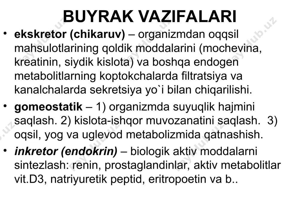 nitskiy bo`yicha siydik tahlili nechiporenko bo`yicha siydik tahlili antibiotikka sezgirlikni aniqlash utt kuz tubini tekshirish ko`krak qqafasi rentgenografiyasi ekg,exokg kft aniqlash usuli klassik: reberg sinamasi – plazmada kreatinin ko`rsatkichi, va uning min.diurezda siydik bilan sekretsiyasi. cocrofta – gaulta, mdrd sinamasi. usullar formula mdrd 32788 х [plazmada kreatinin (mkmol/l]–1,154 х yoshi–0,203 х 0,742 (ayollar uchun) cockroft-gault 1,228 х [140 – yoshi] х tana vazni(kg) х 0,85 ((ayollar uchun plazmada kreatinin mkmol/l) [140 – ёши] х tana vazni(kg) ) х 1,2 ( erkaklar uchun) plazmada kreatinin mkmol/l cockroft-gault programmasi modifikasiyasi qandli diabet kasalligida [140 – ёши] х tana vazni(kg) х 10,05 ((ayollar uchun) plazmada kreatinin mkmol/l) [140 – ёши] х tana vazni(kg) х 10,23 (erkaklar uchun.) plazmada kreatinin mkmol/l taxminiy hisob [140 – ёши] х tana vazni(kg) plazmada kreatinin (mmol/l) х 810 tashxis qo`yish sbe іі bosqich, surunkali glomerulonefrit, nefrotik sindrom, ikkilamchi gipertenziya, ііі bosqich, іі daraja. sbe i bosqich. sqyu, sbk …