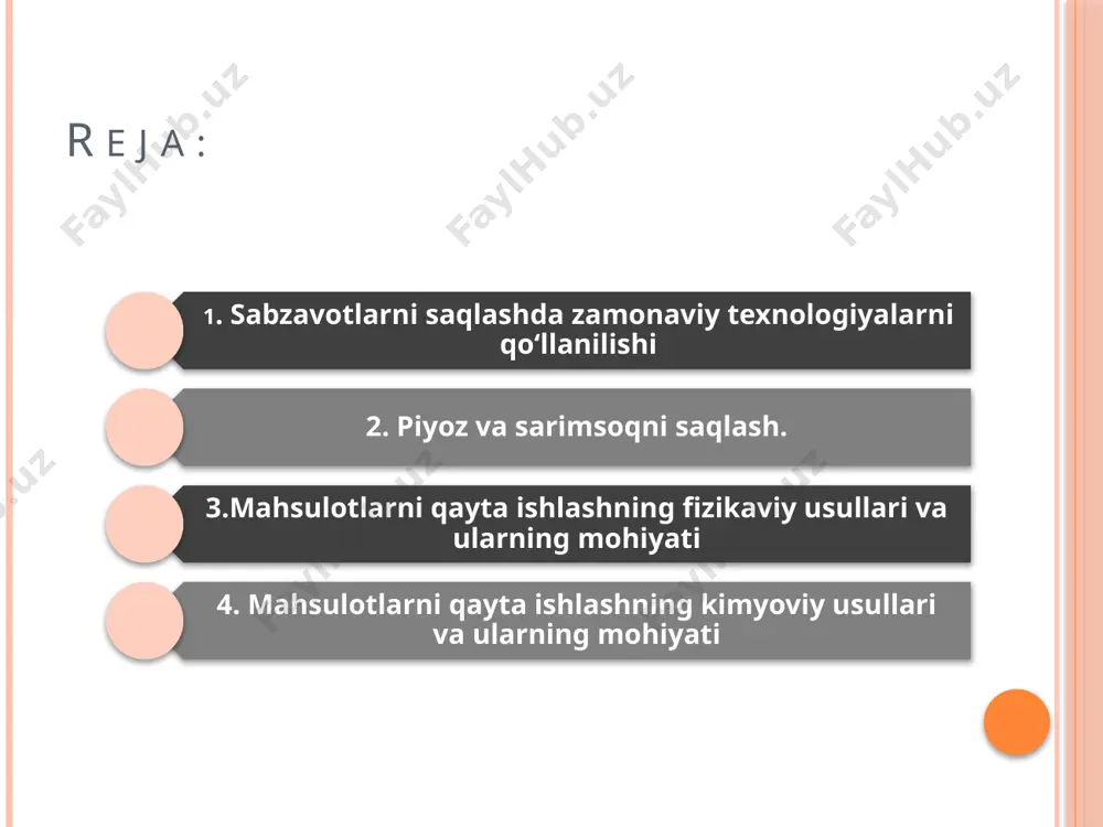 mahsulotlarni qayta ishlashning kimyoviy usullari va ularning mohiyati keyingi paytlarda mahsulotlarni konservalash uchun quyidagi kimyoviy moddalarni qo‘llashga ruhsat etilgan: etil spirti, sirka kislotasi, oltingugurt gazi, nitrit va nitratlar, benzoy kislotasi, bor va bura kislotalari, antibiotiklar, karbonat angidrid, azon gazi va boshqalar. etil spirti yordamida konservalash. bu usul etil spirtining mikroblar va bakteriyalar rivojlanishiga yomon ta'sir qilishiga asoslangan. shuning uchun ham etil spirti meva va sabzavotlar sharbatlarini ishlab chiqarishda konservalash moddasi sifatida qo‘shiladi. masalan, etil spirtining konsentrasiyasi 25–30 foiz bo‘lgan sharbatlar uzoq saqlanish xususiyatiga ega va ular likyor – aroq mahsulotlari ishlab chiqarishda ishlatiladi. image2.png image3.png image4.jpeg image5.jpeg image6.jpeg /docprops/thumbnail.jpeg