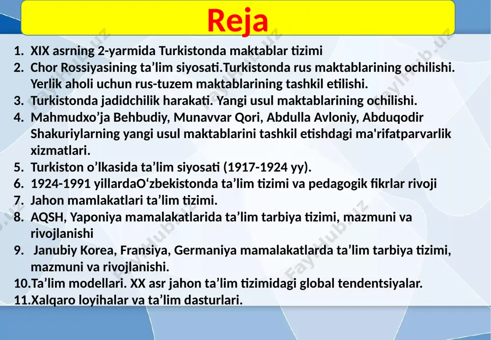 miga teng kelgan. toshkent rus qo’shinlari tomonidan egallangan paytda shaharning bazi qismlarida qizlar maktablari va o’quvchilari soni o’g’il bolalar maktablarining ½ qismiga to’g’ri kelgan va ularda o’quvchilar soni nisbatan kam bo’lgan. a.p.xoroshxin va toshkent shahrida yashovchi mullalarning xabar berishicha, 1864 yilda ruslar bilan bo’lgan urush uchun soliq joriy etish bo’yicha ro’yxatga olish o’tkazilganda, 8000 ming nafar o’quvchi bolalar, 4000 nafar o’quvchi qizlar qayd etilgan. birgina sebzor dahasida 25 nafar o’g’il bolalar va 15 nafar qizlar, shayxontohur dahasida esa 20 ta o’g’il bolalar va 10 ta qizlar maktablari mavjud bo’lgan. otinbibi maktabida o’quvchi qizlar bilan birgalikda o’g’il bolalar ham birga ta’lim olgan hollari ham bo’lgan. qizlar maktablaridagi mashg’ulotlarda asosan fors-tojik va turkiy tildagi asarlar o’rgatilgan. ushbu ta’lim muassasalarida “ta’limi bayonot”, va boshqa sharq axloqiy madaniyatini o’z ichiga oluvchi fanlar o’qitilgan. a.p.xoroshxinning 1876 yildagi malumotiga ko’ra, qizlar 7-11 yoshdan o’qitilgan, 11-15 yoshdan esa tikuvchilikka o’rgatilgan. bundan shu narsa kuzatiladiki, qizlar maktablaridagi ta’lim …
