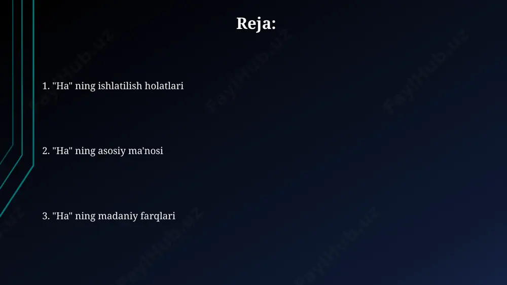 urmat va o'zini-o'zi anglash. "ha" ning ta'rifi “ha” ning ta'rifi - bu 2 harfli so'z bo'lib, u tasdiqlash, rozilik berish yoki taklifni qabul qilishni ifodalaydi. bu javobda 100% ishonch borligini ko'rsatishi mumkin. har birining ta'rifi xulosa xulosa xulosa qisqa bo'lishi kerak, odatda 10 foizdan kamroq. unda tadqiqot natijalari, asosiy saboqlari va qo'shimcha tadqiqotlar uchun potensial yo'nalishlar ko'rsatilishi mumkin. salbiy tomonlari ba'zi hollarda, mahsulotning yuqori narxi (20% dan ortiq) uni ayrim iste'molchilar uchun qimmatlashtirishi mumkin. bu ayniqsa, arzonroq alternativalar mavjud bo'lganda seziladi. kamchiliklar e'tiboringiz uchun rahmat @taqdimot_robot image1.jpg image2.jpg image3.jpg image4.jpg image5.jpg image6.jpg image7.jpg image8.jpg image9.jpg
