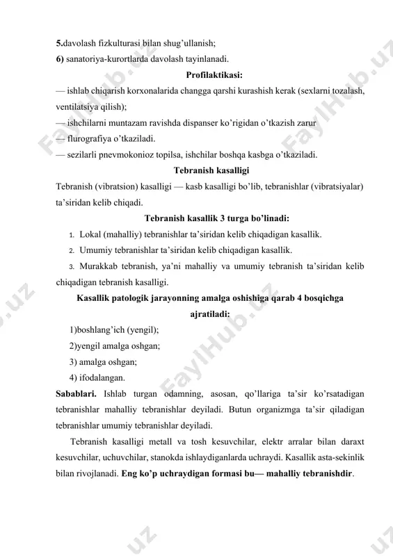 hi, eshitish qobiliyatining susayishi, ko’zning xiralanishi kuzatiladi. uyqusizlik, tajanglik, umumiy darmonsizlik, yurak sohasida siquvchi og’riqlar, taxikardiya kuzatiladi. bundan tashqari, bemorlarda qo’l va oyoq panjalarining og’rishi, sezuvchanlikning pasayishi, temperaturaning pasayishi ham kuzatiladi. davolash: 1. tomirlarni kengaytiruvchi vositalar — 1% li spazmolitin eritmasi —10 ml, m/o, kuniga 4—5 marta; 2. ganglioblokatorlar — benzogeksoniy eritmasi 1% li —1 ml, m/o, aminazin 0,025 gli tabletka 1 marta kechasiga; 3. novokain 2% li —5 ml, m/o, 10 kun davomida; 4. vitaminlar b guruhi, nikotinat kislotasi, vitamin c — askorbinat kislota, nikotin kislota 1% li —1,0; askorbinat kislota 5% li 2 ml vitamin b1 6% li1,0, vitamin b6 5% li 1,0, teri ostiga; 5.fizioterapevtik muolajalar: elektrofarez va uvch; qo’l panjalariga 5% novokain eritmasi bilan elektroforez; uvch; yoqa zonasiga, qo’l va oyoq panjalariga, bel sohasiga parafin applikatsiyalari, balchiq applikatsiyalari. balneoterapiya: serevodorod, radonli, azotli 37°c li vannalar 10—15 min davomida; davolash gimnastikasi, massaj, sanatoriya-kurortlarda davolanish tayinlanadi. adabiyotlar 1. …