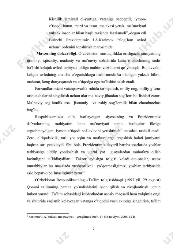 jarayoni. ishning metodlari: kurs ishini tayyorlashda quyidagi metodlardan foydalandik: 1) tegishli ilmiy, uslubiy adabiyotlarni o‘rganish; 2) kuzatish, suhbat, savol javob; kurs ishining predmeti: ushbu kurs ishida, bolalarda tarbiyaning tarixiy va milliy asoslari ni shakllantirish rivojlantirish muammosining psixologik-pedagogik asoslari, ahloqiy va ijtimoiy ko‘nikmalarini shakllantirish tushunchalarni rivojlantirish muammolari, tarkib toptirishni ta'minlovchi innovatsion texnologiyalaridan foydalanish ishning asosiy predmetidir. kurs ishi tuzilishi. kurs ishi kirish, asosiy qism boblari, birinchi bob ikkita paragraf, ikkinchi bob amaliy qism bo‘lib, unda uchta paragraf, xulosa, foydalanilgan adabiyotlar ro‘yxatidan iborat. 1-bob. tarbiyaning tarixiy va milliy asoslari 1.1.vatan va vatanparvarlik tarbiyasi haqida tushuncha vatan insonning ruhiyati, turmush tarzi, ongi va tafakkuri, o`tmishi, buguni va kelajagi mujassam bo`lgan tushunchadir. vatan ostonadan, o`zi tug`ilib o`sgan go`shadan boshlanadi. shuning uchun bola o`zi yashab, nafas olib turgan xonadonida ulg`ayib voyaga yetishishida muhtasham va qudratli makon bo`lgan ona zaminiga mehr-muhabbat va sadoqati abadiy bo`lmog`i zarur. har bir insonning vataniga bo`lgan muhabbati ona suti, ona allasi …